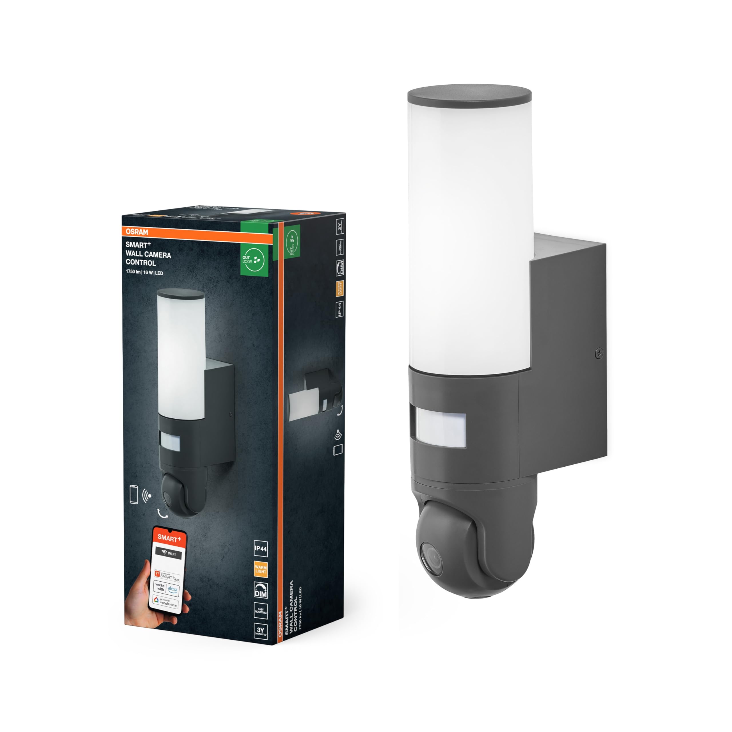 Osram SMART+ WiFi Außenleuchte mit steuerbarer Kamera | SMART+ Wifi Wall Camera, Kunststoff, Dunkelgrau, 25000 h, 1-Pack