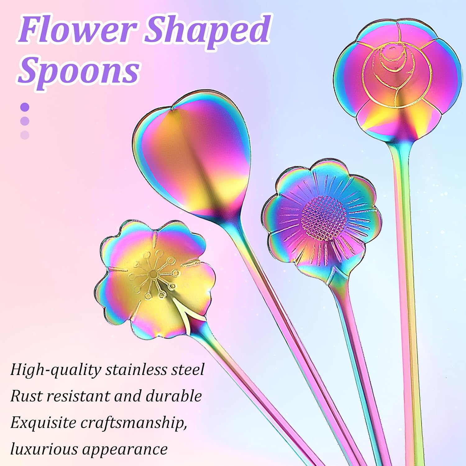 Flower Spoon Set Rainbow Stainless Steel Reusable Long Spoons Cute Spoons for Coffee Mixing Ice Cream Spoon Drink Mixing (4Pcs)