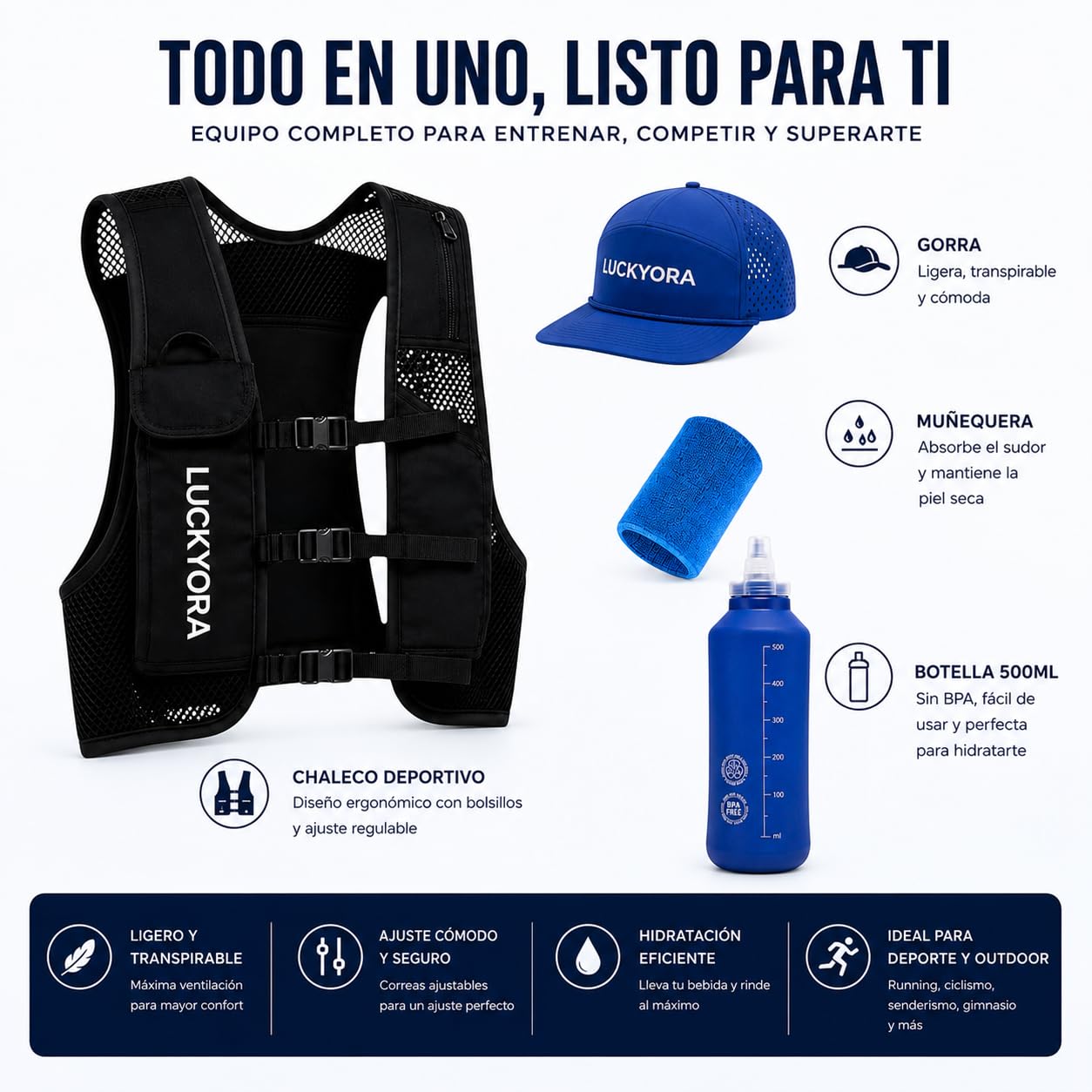 Gilet de course pour homme et femme - Sac à dos d'hydratation avec Soft Flask 500 ml, casquette et poignet - Gilet léger respirant pour course