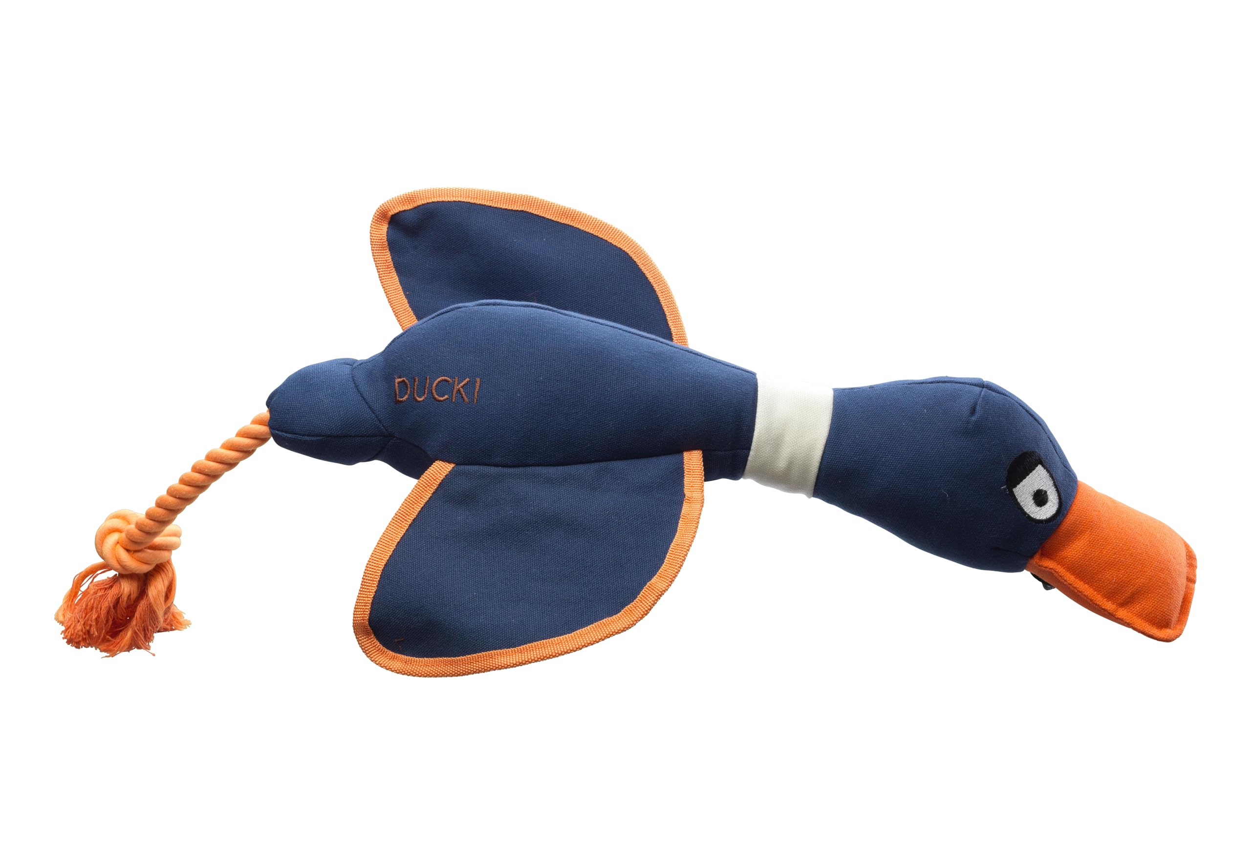 House of Paws Large Navy Duck, Cotton Canvas Thrower Dog Toy with Rope and Squeaker