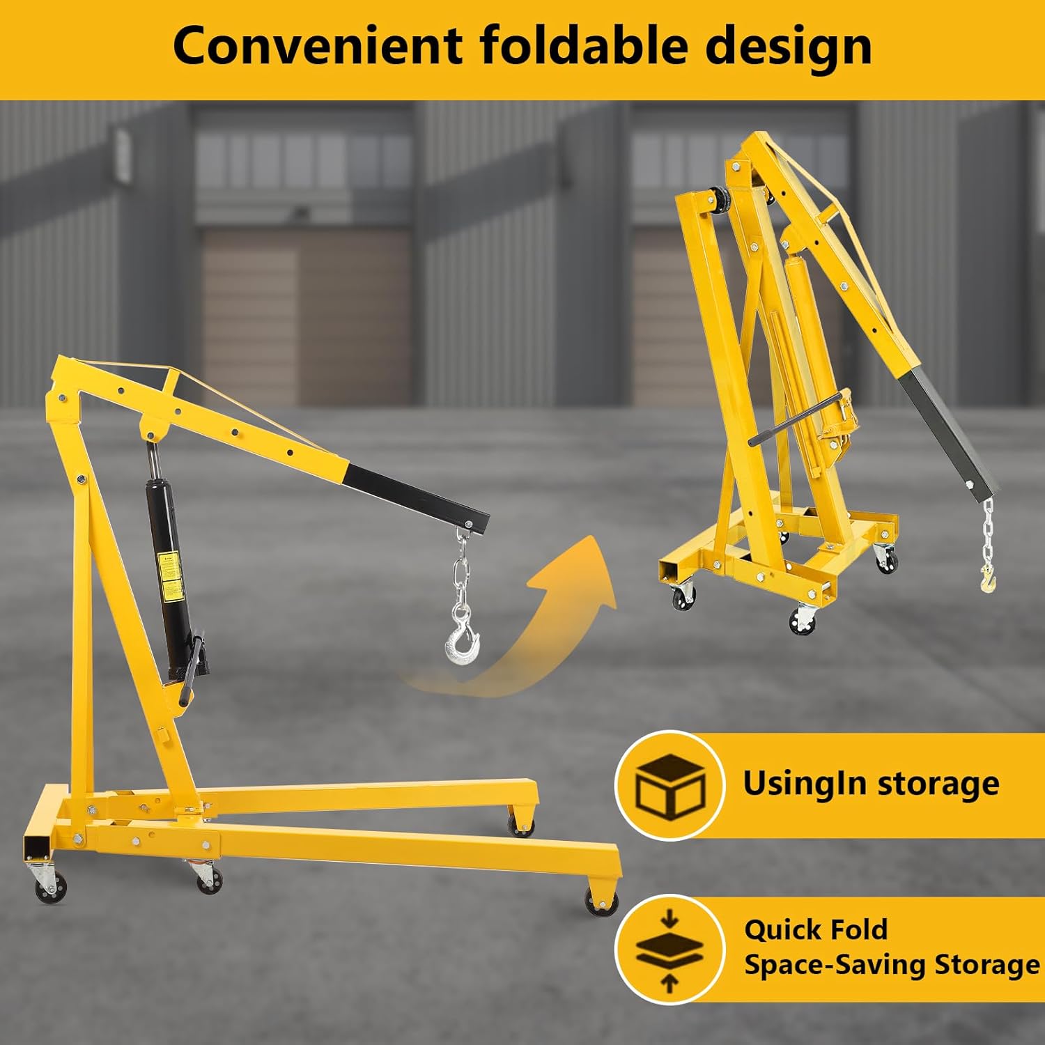 PioneerWorks 4400 Lbs Crane Engine Hoist Folding Engine Cherry Picker Ship Crane Heavy Duty Steel Lift Garage Workshop Auto Repair Foldable Stand 6 Caster Msx 2000Ton - Yellow