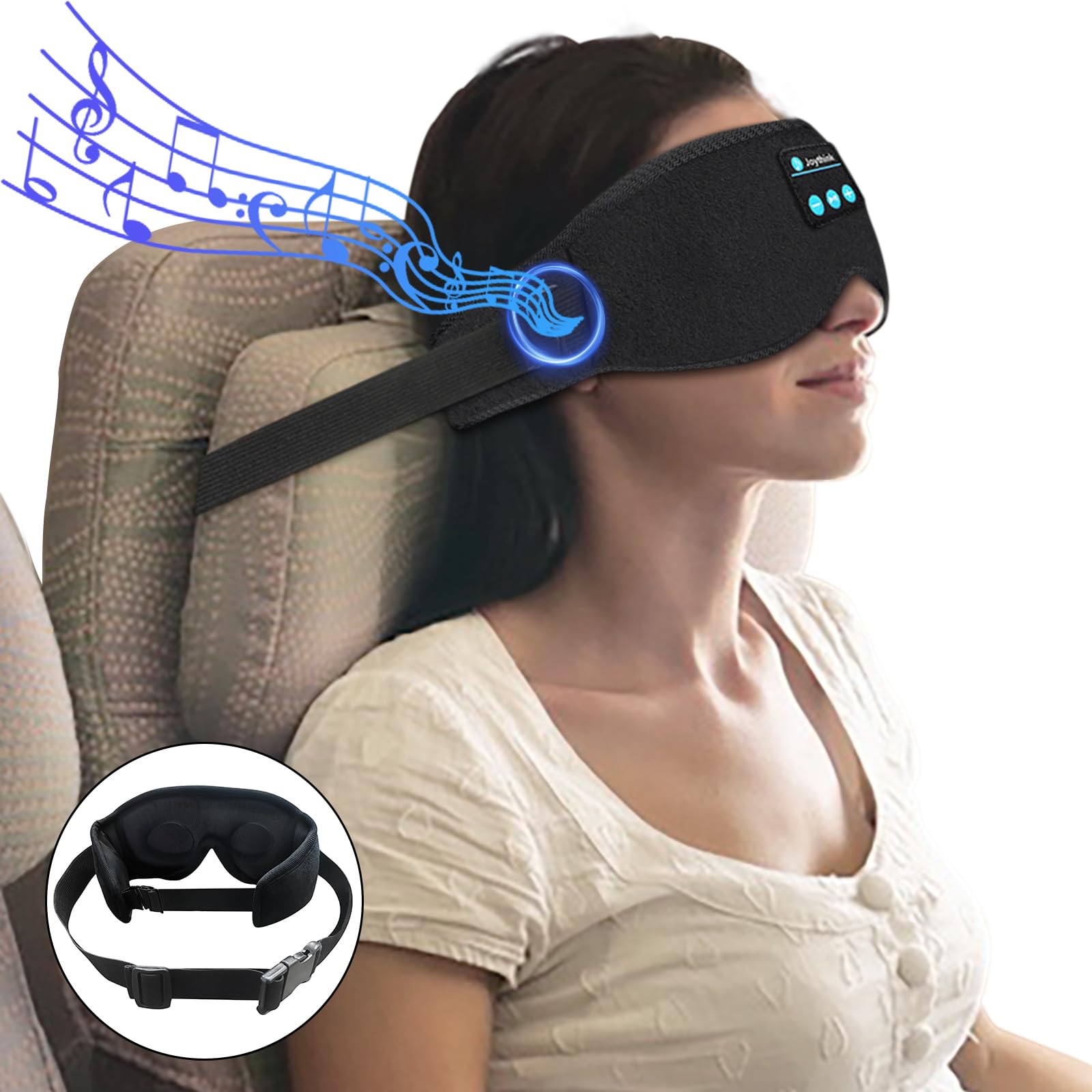Joythink Auriculares para dormir, máscara de dormir Bluetooth con altavoz, máscara para dormir en coche, auriculares inalámbricos, accesorios de viaje para vuelos largos