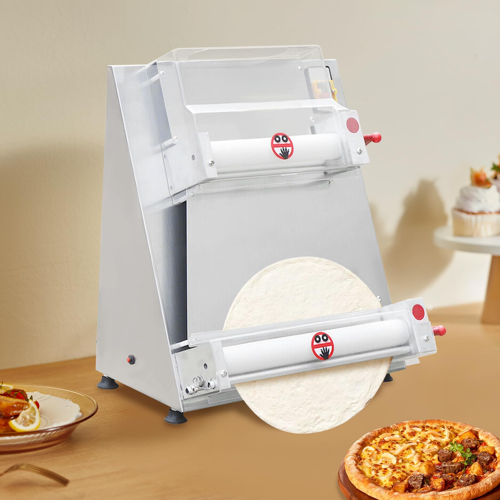 Commercial Dough Sheeters, 110V 370W Pizza Dough Roller Sheeter Electric Pizza Maker Thickness Adjustable 0.7-5.4mm, Stainless Steel Pastry Croissant Roller Presser Machine for Bakeries Pizzerias