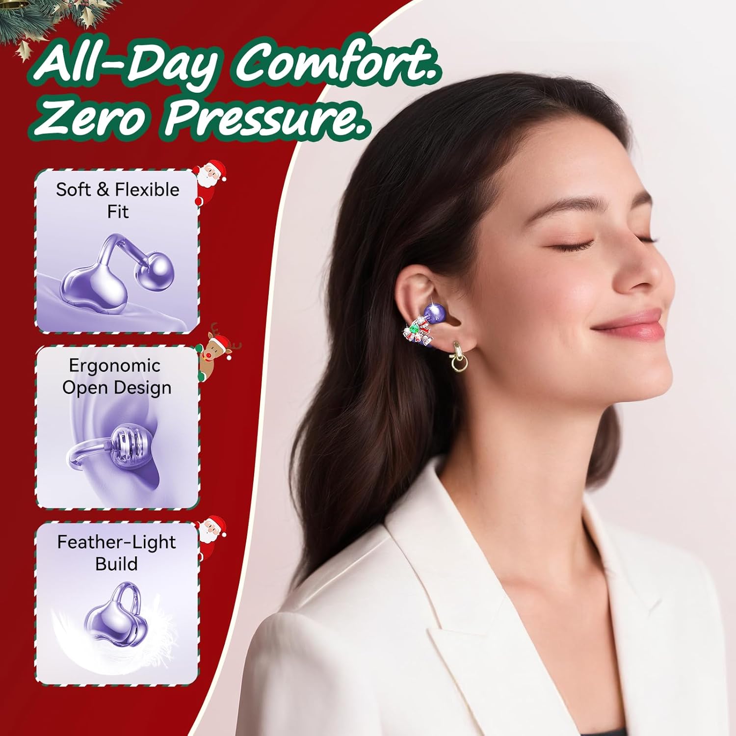 Kinglucky Open-Ear Clip-On Earbuds for Women with Detachable Holiday Bows, All-Day Comfort, Secure Fit, Lightweight Bluetooth 5.4 Wireless Earbuds 50H Playtime, Gift for Her, Clear Calls, Purple - Image 4