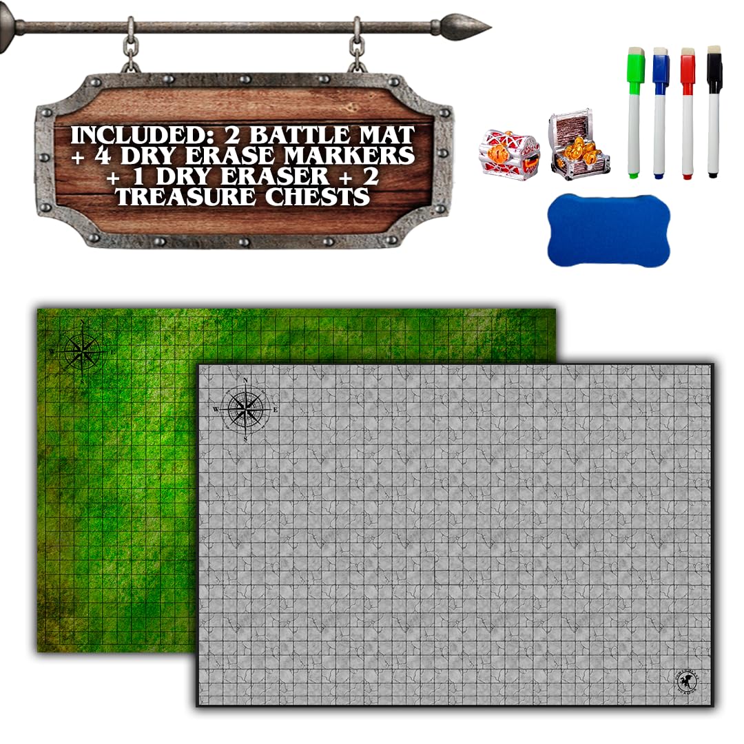 Dungeon 2X Grid Game Mat + Rotuladores y Borrador + Cofres, Mapa Juego rol, D&D, Dragones y Mazmorras, Tablero rol y Juegos de Mesa, Dungeons and Dragons, DND, RPG, Dungeon Master.