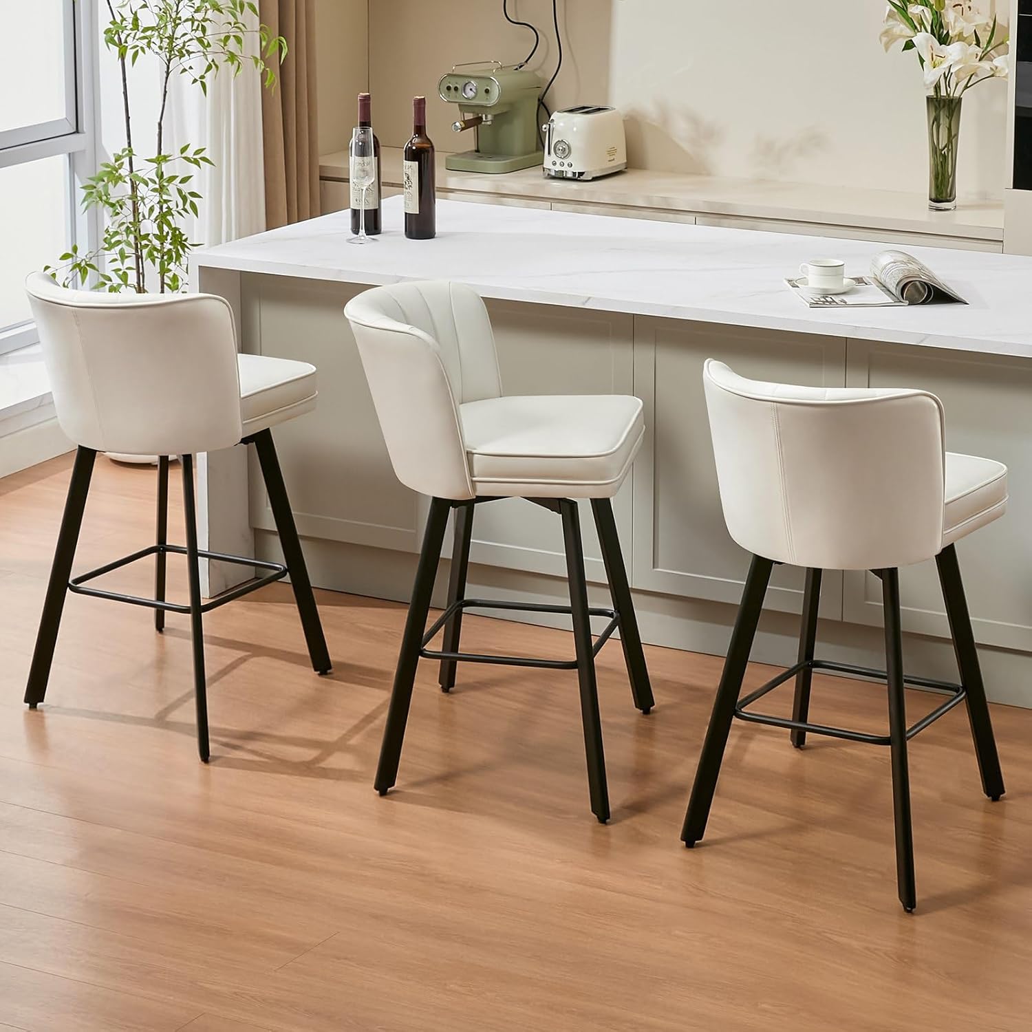SAECKBERG Swivel Counter Height Bar Stools Set of 3, 30'' Modern Barstools with Backs and Metal Legs, Upholstered Bar Chairs, Faux Leather White Stools for Kitchen Island Chairs