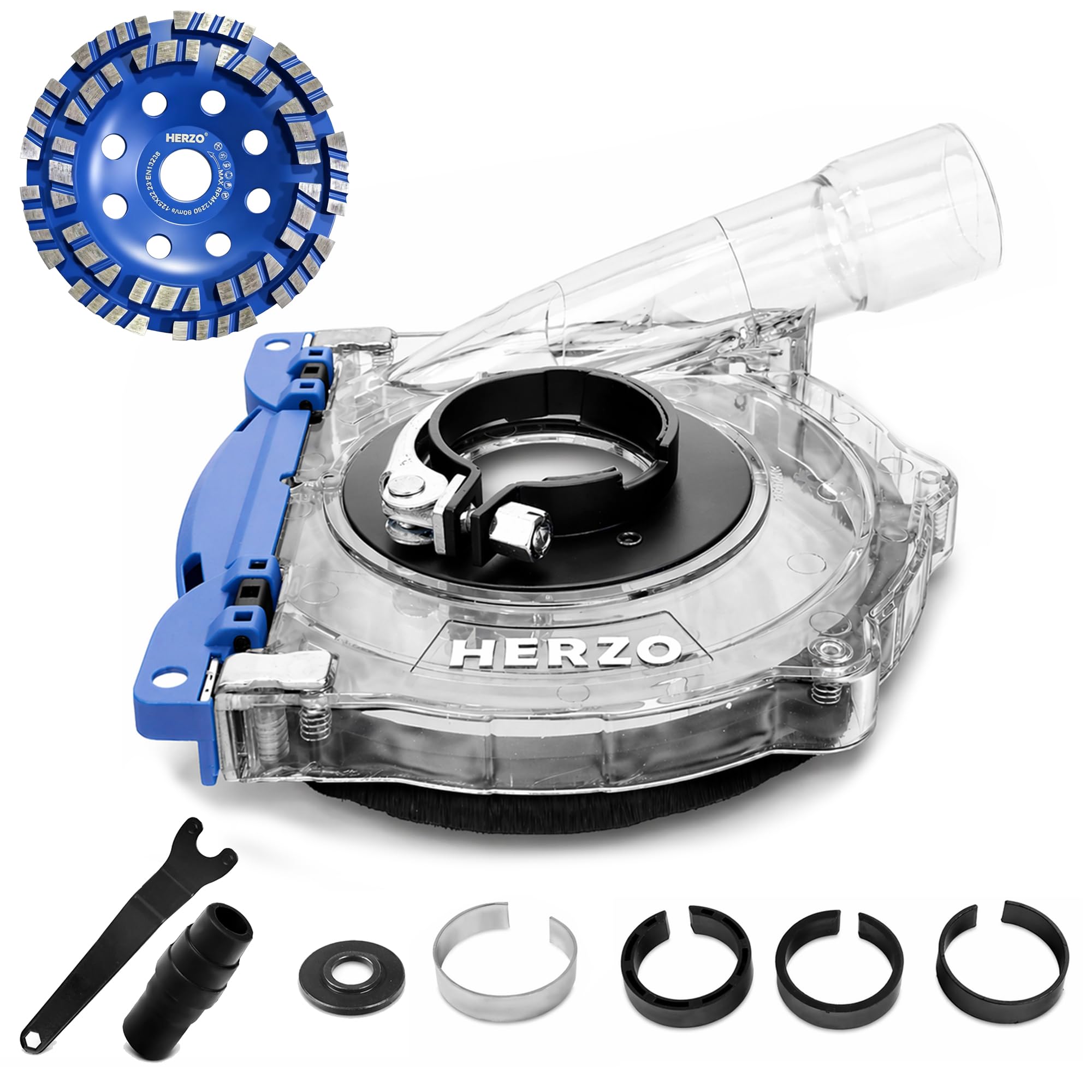 HERZO Dust Shroud for 5 inch and 4-1/2 inch Angle Grinder, Universal Surface Grinding Shroud + Diamond grinding cup wheel 5 inch,Transparent Polycarbonate