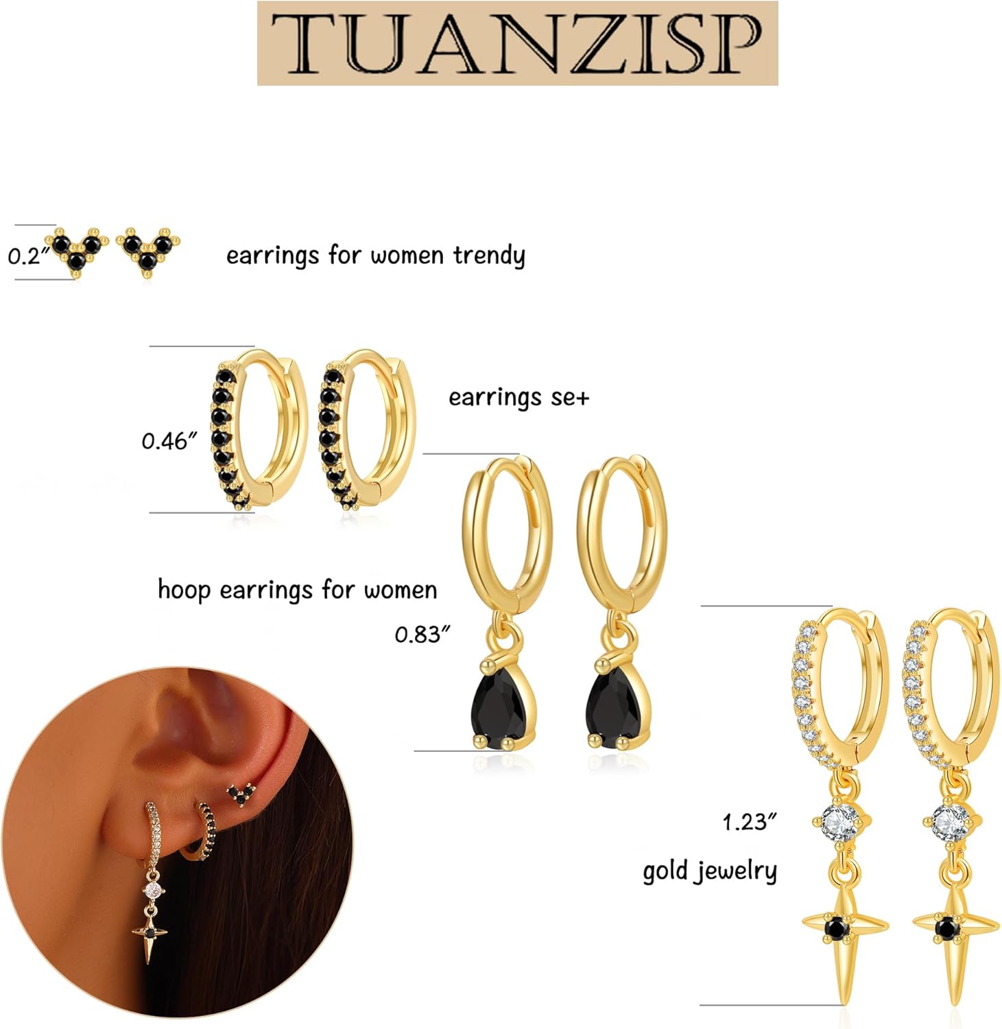 Gold Earrings for Women, 16K Gold Plated Cubic Zirconia Crystal Cartilage Stud Hoop Earrings Set, Dainty Huggie Earrings Stacks, Hypoallergenic Jewelry Gifts - Image 5