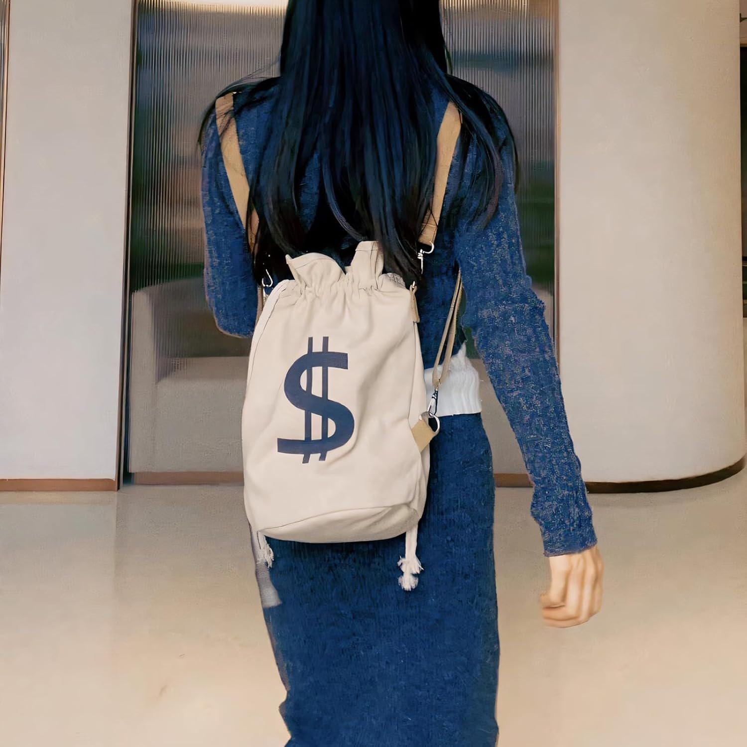 Canvas Drawstring Backpack with Coin pouch, Large Money Dollar Sign Bucket Rucksack, Lightweight Sport Bags (Light Khaki) - Image 5