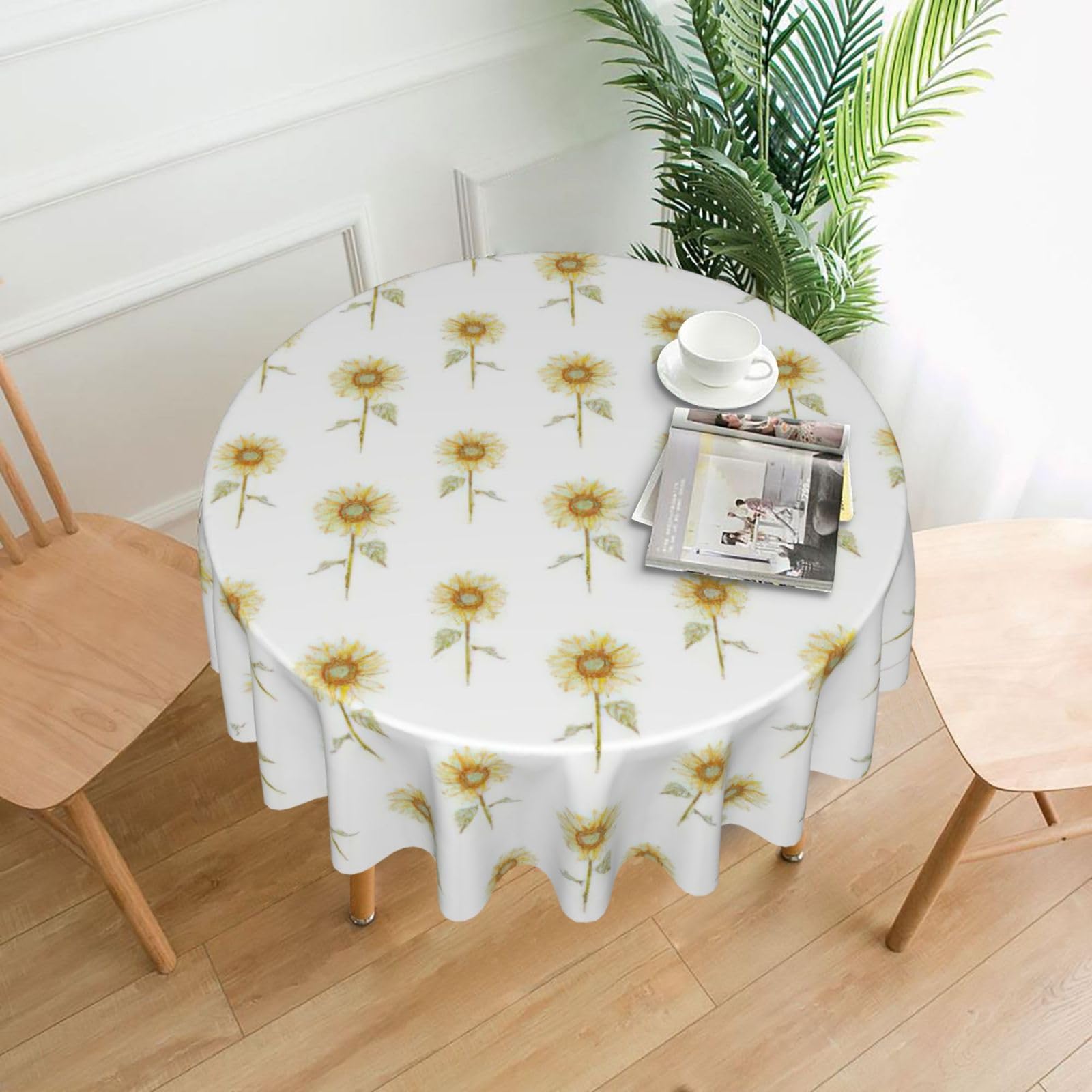 VCzsdff Sunflower hand painted floral Print Stain Resistant Round Tablecloth 60in Family Friendly Polyester Cloth for Kids Meals