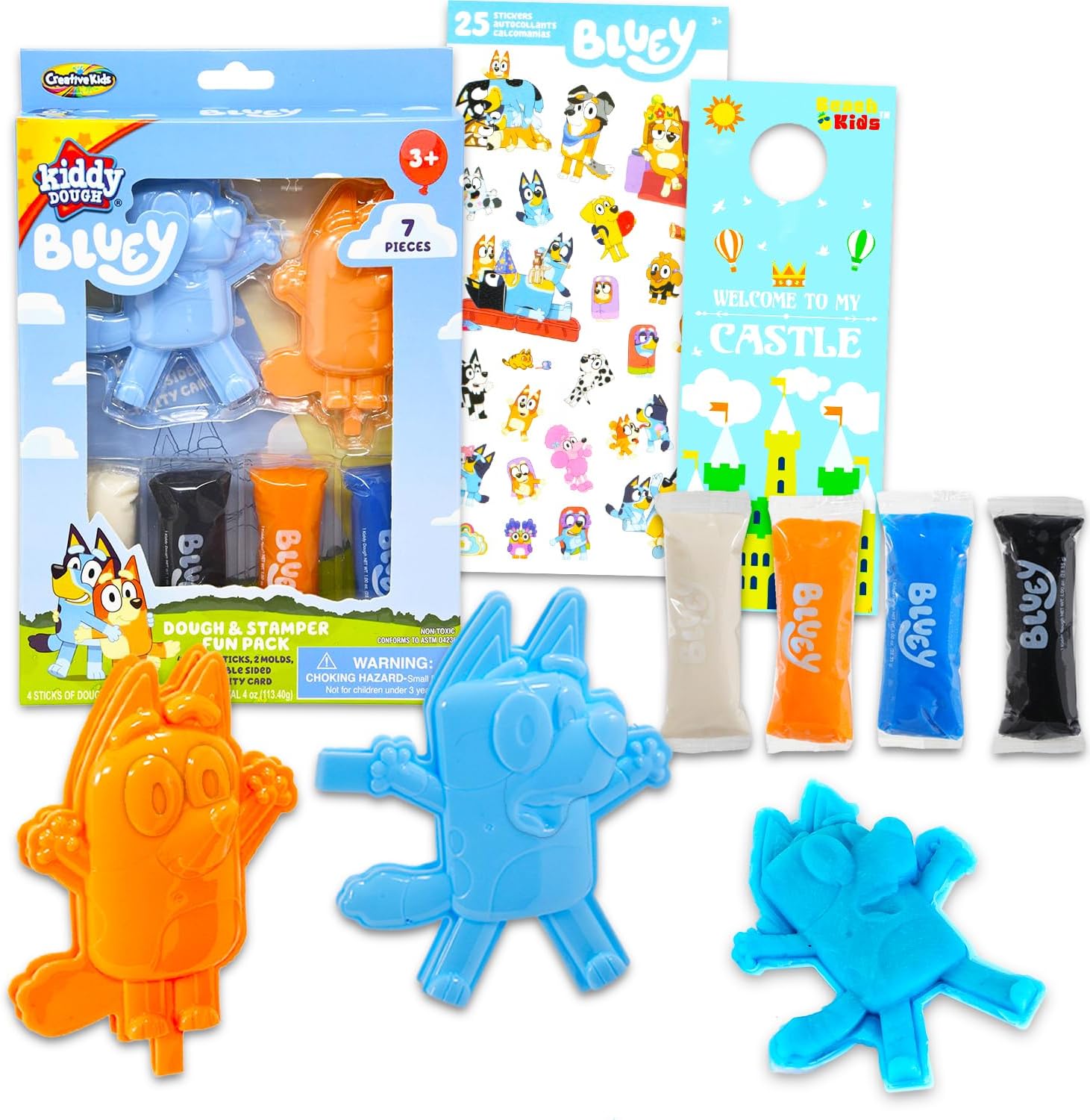 Bluey Dough and Stamper Activity Set - Bundle with 4 Bluey Dough Sticks with 2 Bluey Character Molds for Boys, Girls Plus Stickers | Bluey Sensory Dough for Kids