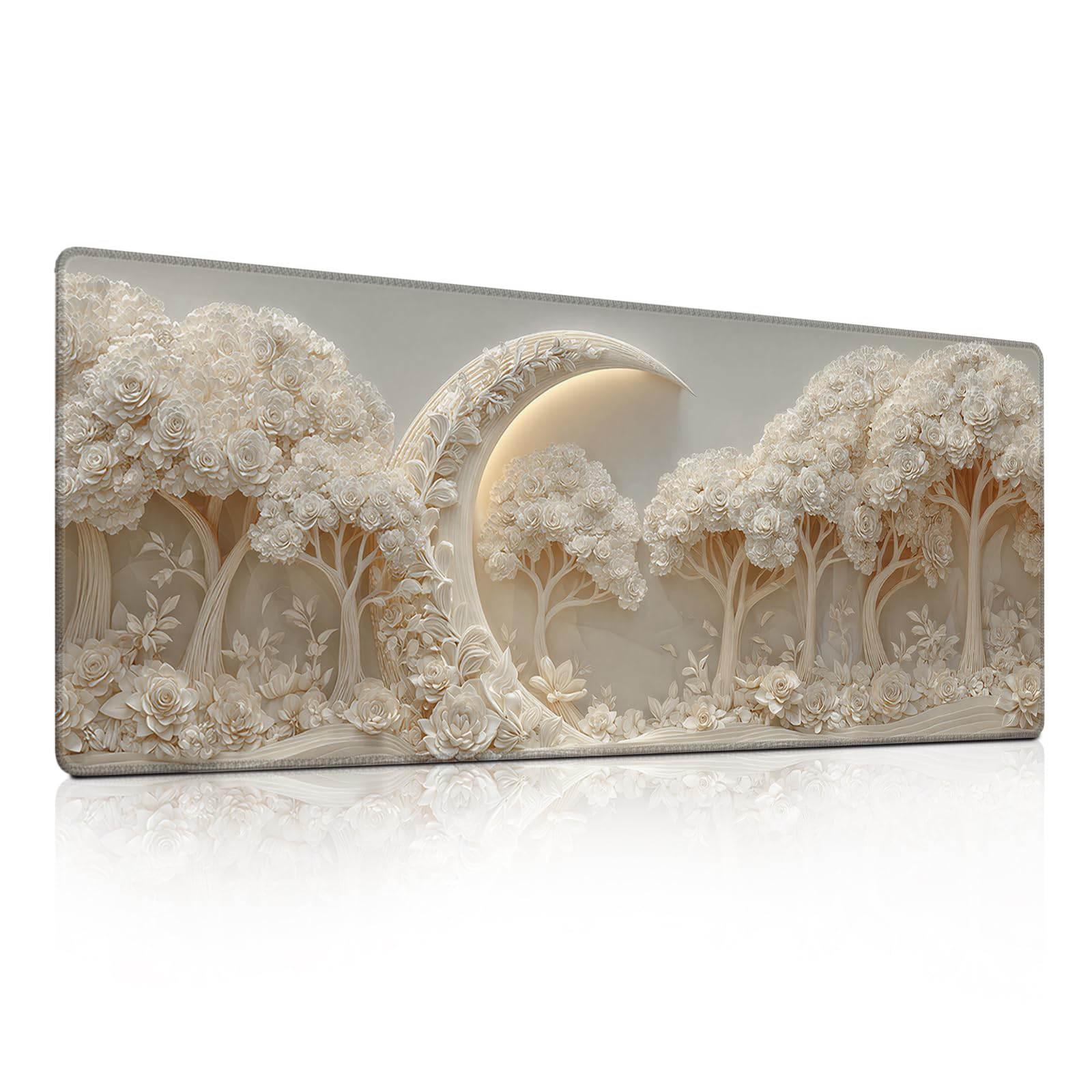 White Rose Tree Moon Mouse Pad, Luxury Relief Glow Decor Desk Mat - Large Non-Slip Office PC Laptop Desk Pad - 31.5"x11.8" x 3mm