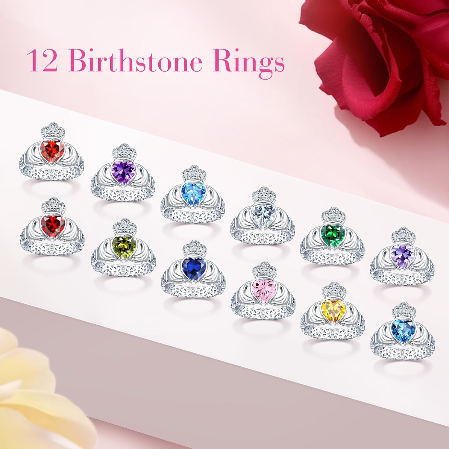 AVECON Claddagh Heart Birthstone Rings for Women 925 Sterling Silver Rings for Her Celtic Knot Statement Engagement Wedding Ring Band Irish Jewelry Birthday Gifts Fit Size 5-9