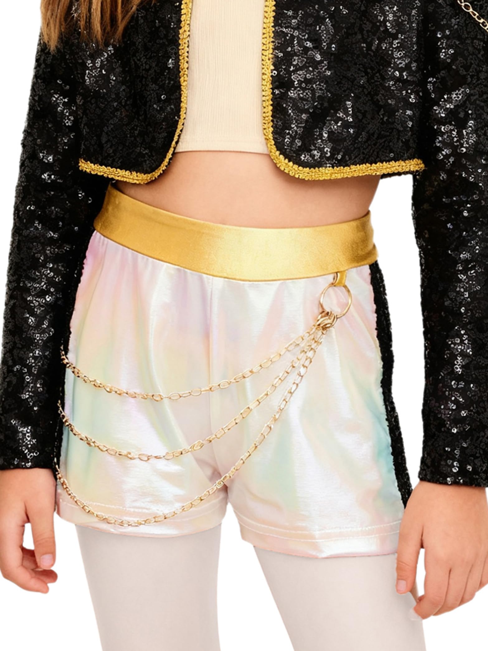 Culottes de Danse Enfant Fille Costume de Chanteuse Shorts Paillettes Chaînes Tenue Performance de Scène