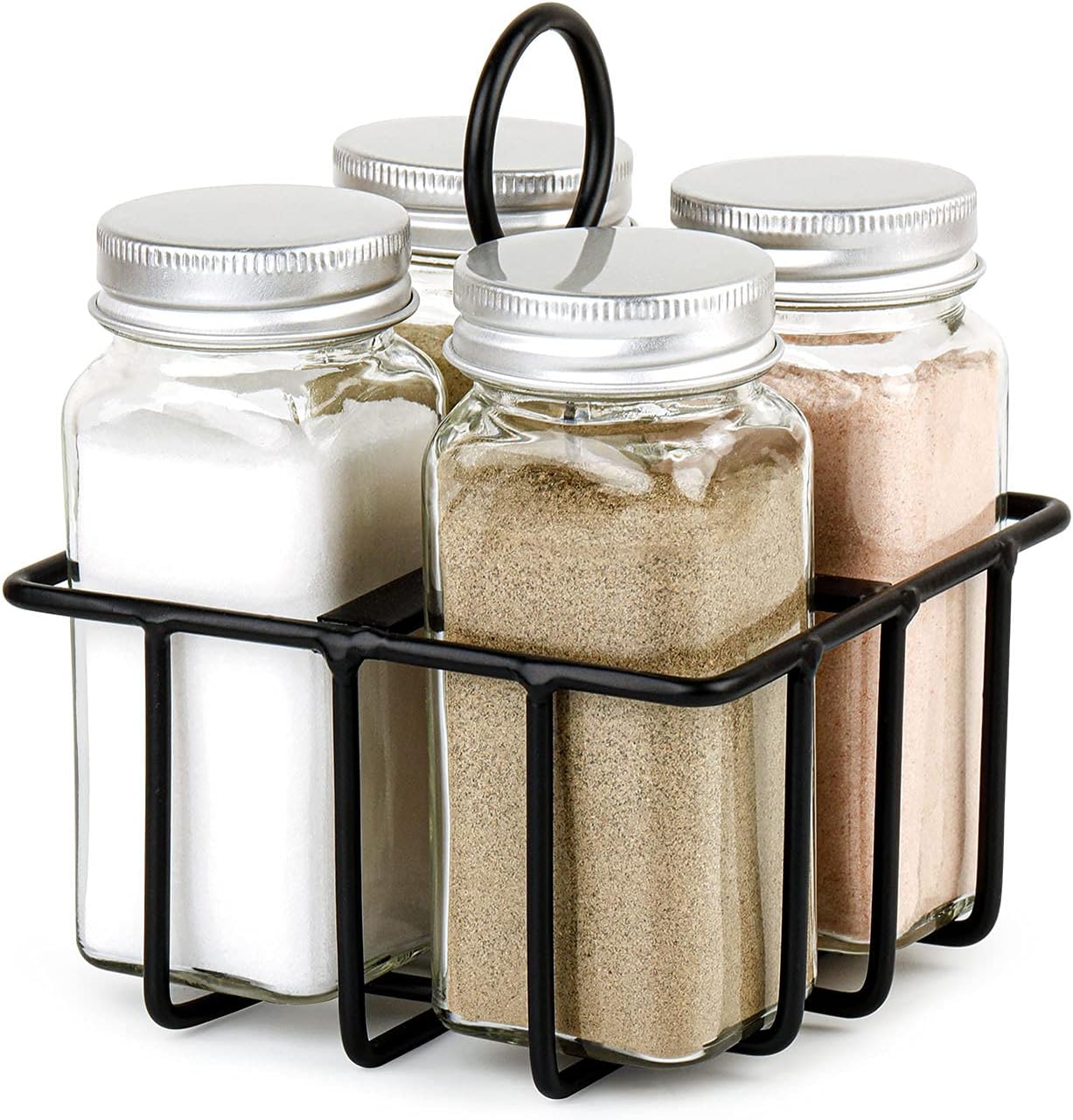 UEJUNBO Salt and Pepper Shaker With Metal Caddy 4 Compartments Set,Farmhouse Decor ,Shakers Moisture Proof Design,Easy to Clean and Refill,Suitable for home kitchen dining table Restaurants Gift