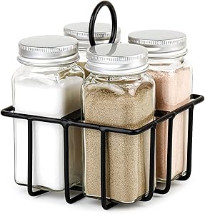 UEJUNBO Salt and Pepper Shaker With Metal Caddy 4 Compartments Set,Farmhouse Decor ,Shakers Moisture Proof Design,Easy to Clean and Refill,Suitable for home kitchen dining table Restaurants Gift