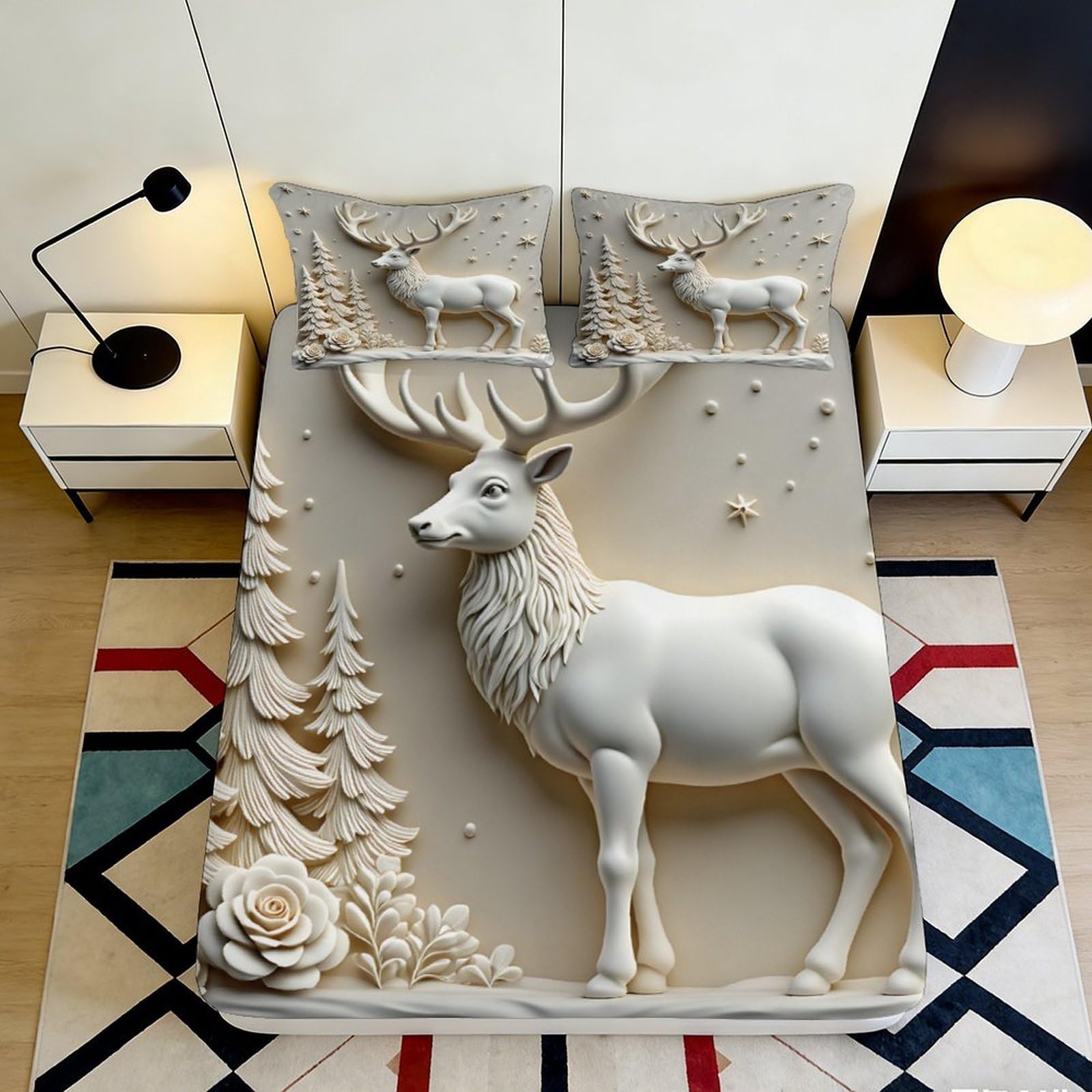 3D Printed Deer Forest Fitted Sheet Microfiber Soft Non-slip Woodland Elk Bed Cover for Bedroom Guest Room Decor 90x200x25cm