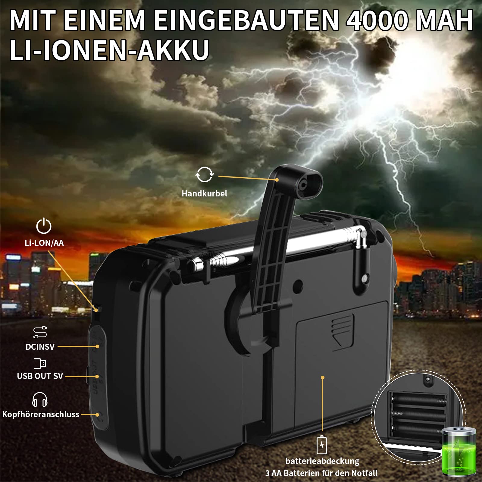 Solar Radio, AM/FM Tragbar Kurbelradio Dynamo Notfallradio mit 4000mAh Wiederaufladbare Batterie, Led Taschenlampe, SOS-Alarm für Camping, Ourdoor, Notfall (Grey)