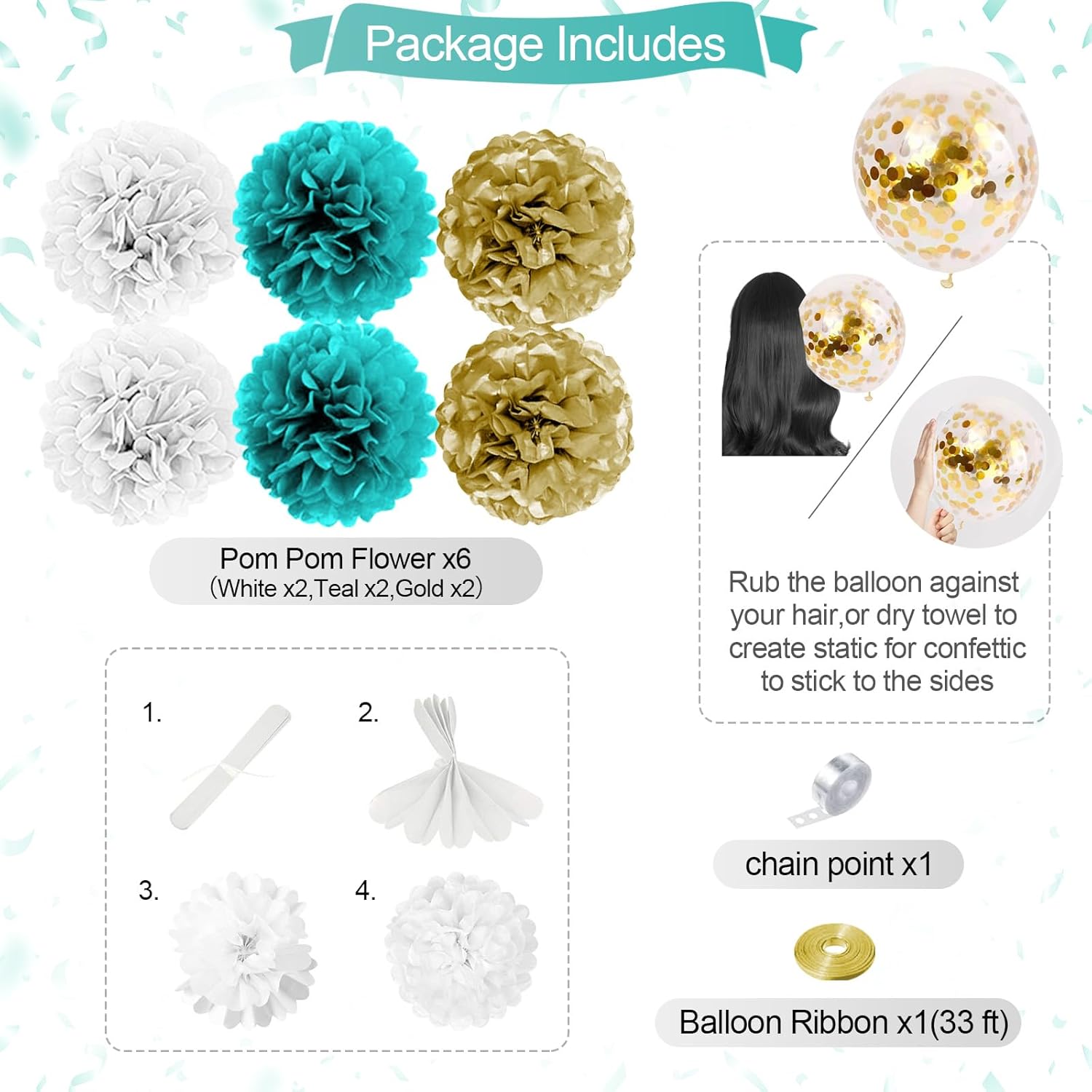 Teal Blue and Gold Birthday Party Decorations Happy Birthday Banner Turquoise Aqua Teal Balloons Foil Fringe Curtain Tissue Pom Poms for Women Girls men boys - Image 3