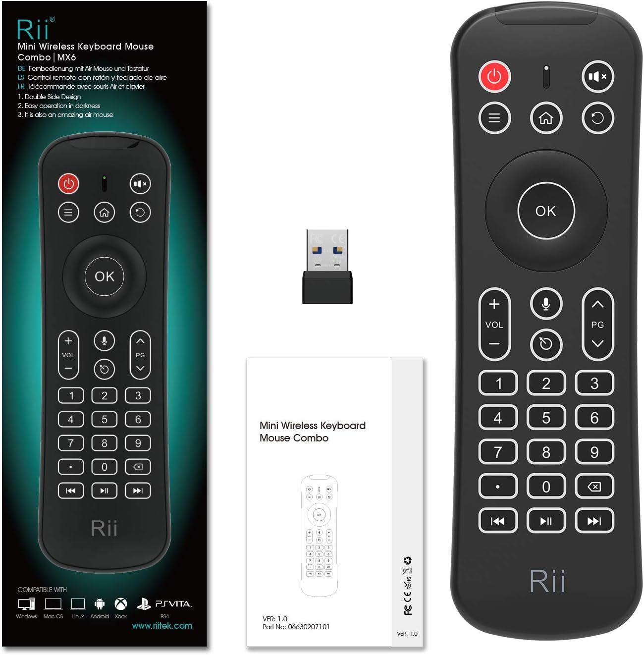 Rii MX6 product with included manual and USB receiver