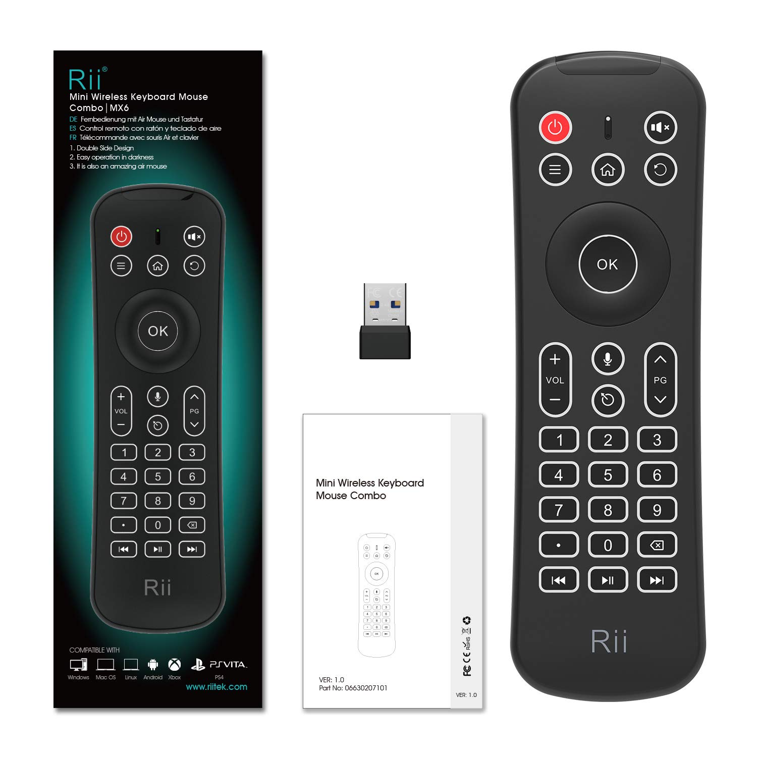 Rii MX6 2,4 G podświetlana mysz powietrzna + klawiatura bezprzewodowa + 6-osiowy pilot somatosensoryczny + mikrofon + przyciski do nauki na podczerwień 5 w 1 do mini komputerów / Smart TV / Android TV