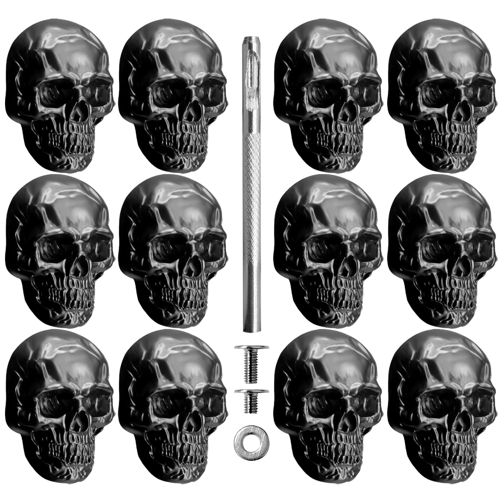 Sanyeyufeng 12Pcs Skull Rivets Buttons Skeleton Stud Goth Mental Conchos Pins for Leather Craft, Leather Belts, Shoes, Bags, Fabric DIY (Black)