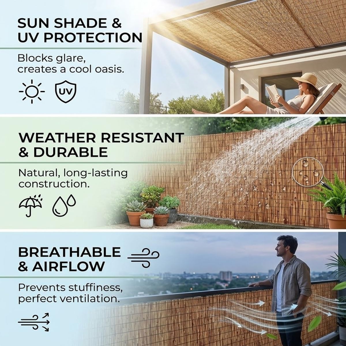 Arella in Canna Naturale per Recinzione Giardino e Balcone, 85% Copertura Arella Frangivista da Esterno per Terrazza e Piscina, Stuoia Ombreggiante Frangivento, Marrone(61x853cm(2x28ft))