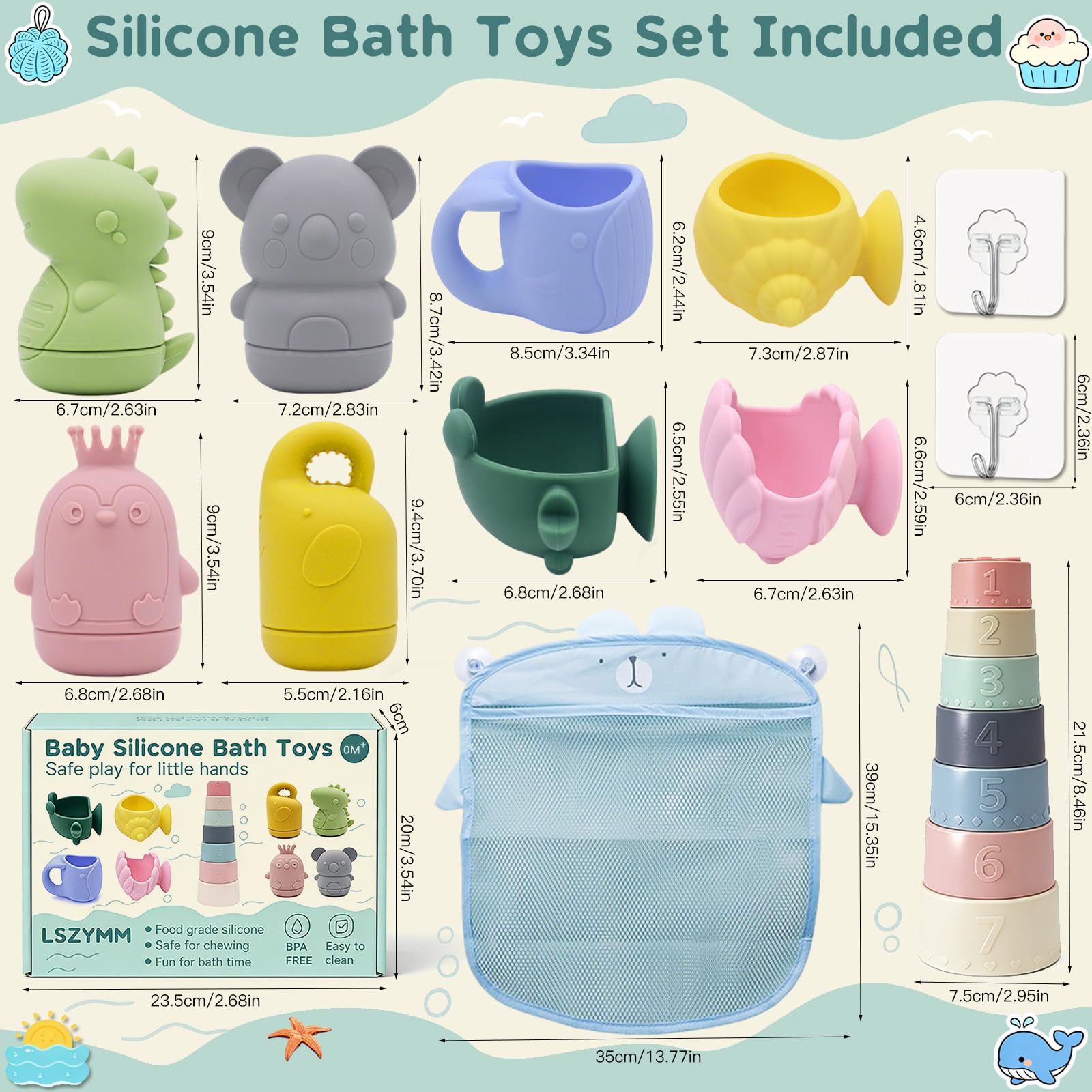 Jouets de Bain Bébé Silicone 0+ Ans,Set Silicone Alimentaire, Gobelets Empilables Sensoriels, Animaux Aspergeurs à Ventouse, Jeux de Bain Jouets de Douche de Bébé Jouet Piscine Jouets Flottants