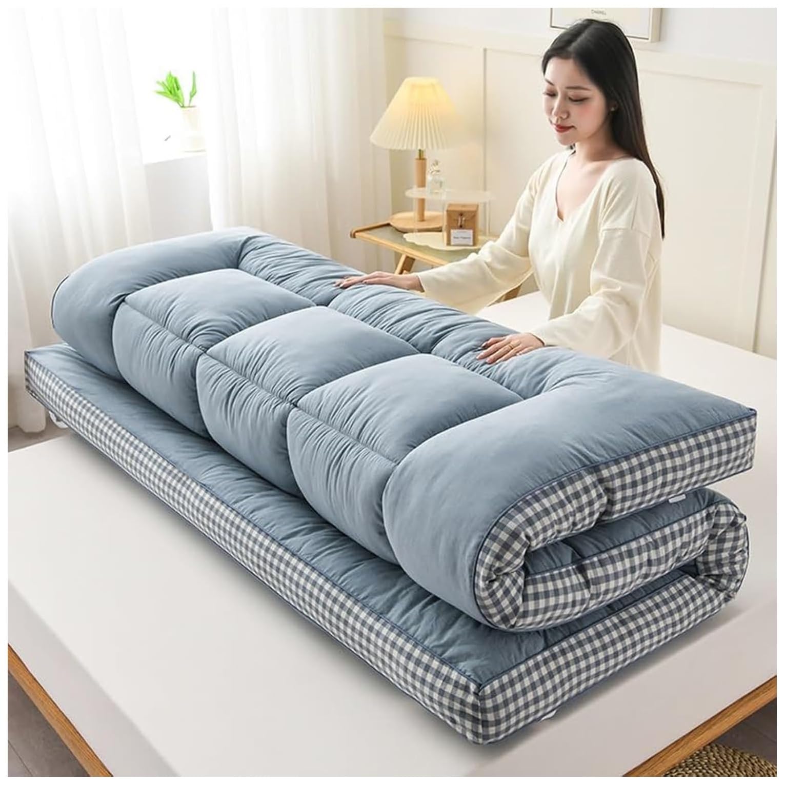 Extra dicke japanische Futon-Matratze, faltbares Bodenbett für Camping, Matte, traditionelle Isomatte, blau, 180 x 200 cm, bequeme und tragbare Bodenmatratze