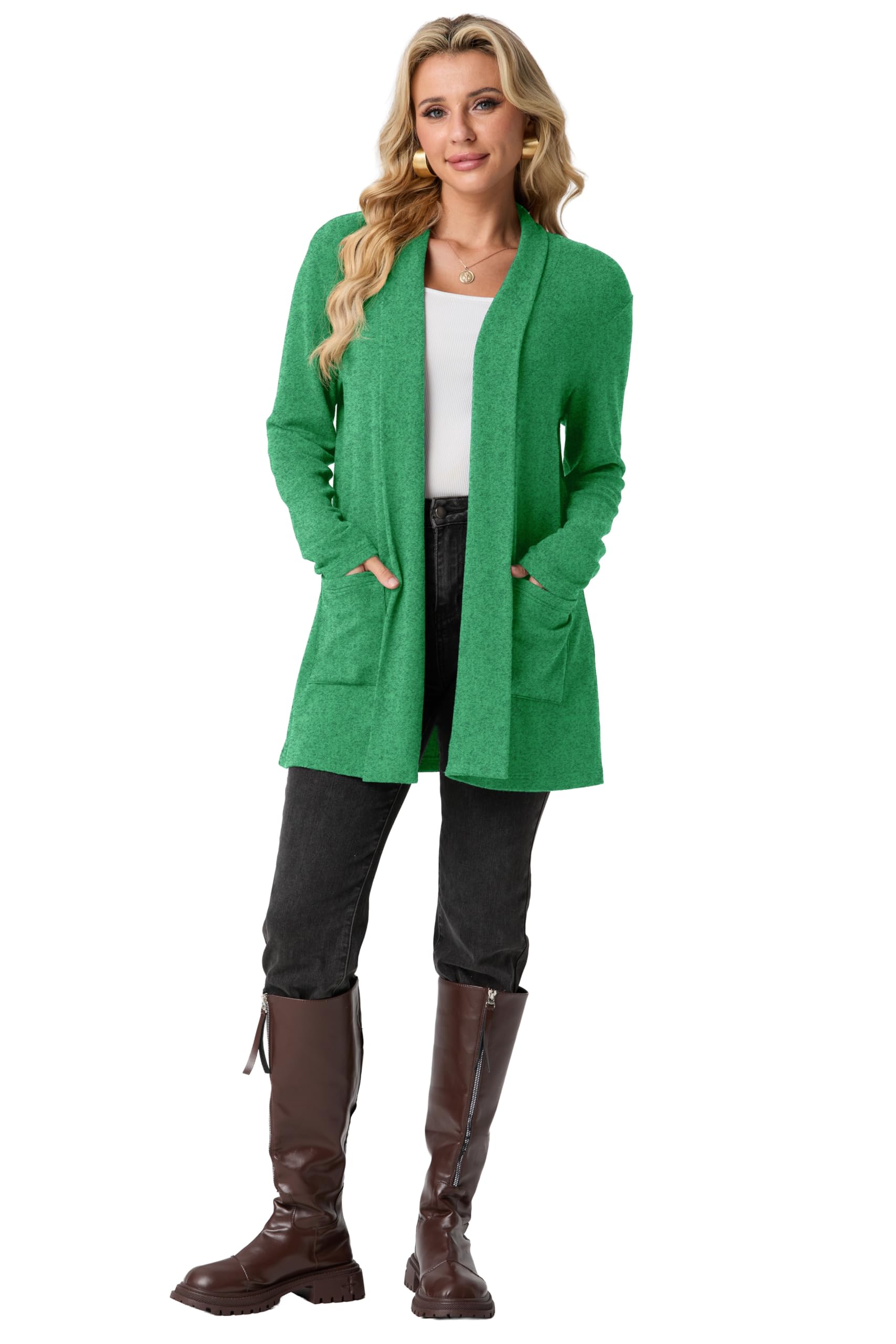 GRECERELLE Cardigan à manches longues pour femme - Élégant et léger - Décontracté - Long col châle - Manteau en tricot décontracté avec poches - Printemps, automne, hiver