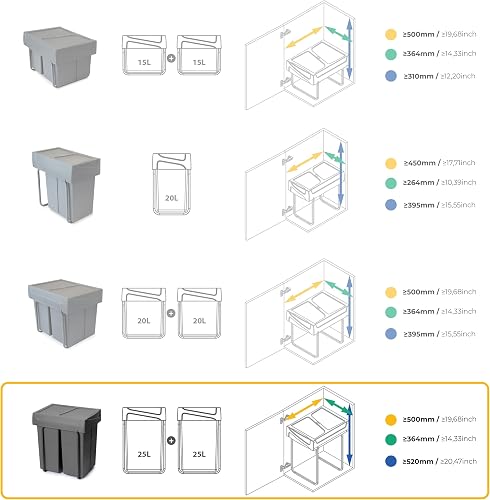 Emuca - Recycling bin for lower mounting and manual pull-out in kitchen unit 2x25litres, Anthracite Grey - 7