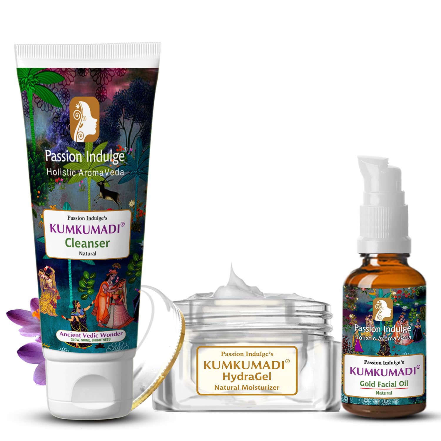 Passion Indulge Kumkumadi Skincare Combo – Face Cleanser 100 ml, HydraGel Moisturizer 50 g & Gold Facial Oil 10 ml | Ayurvedic 3-Step CTM Routine with Saffron, 16 Herbs & Botanical Oils | Glow, Hydration & Radiance | For All Skin Types-image-45
