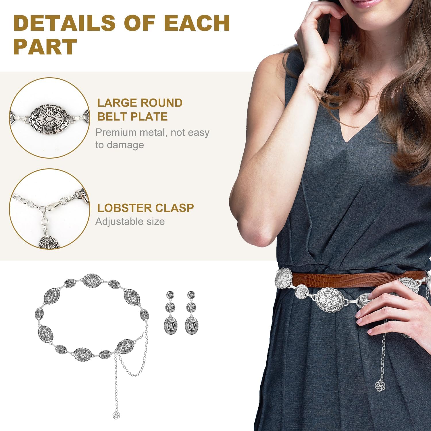 Western Concho Belt and Cowgirl Earrings Set, Silver Exquisite Vintage Oval Elements Waist Chain Dangle Earrings Boho Jewelry Gift for Women Country Concert Outfit - Image 4