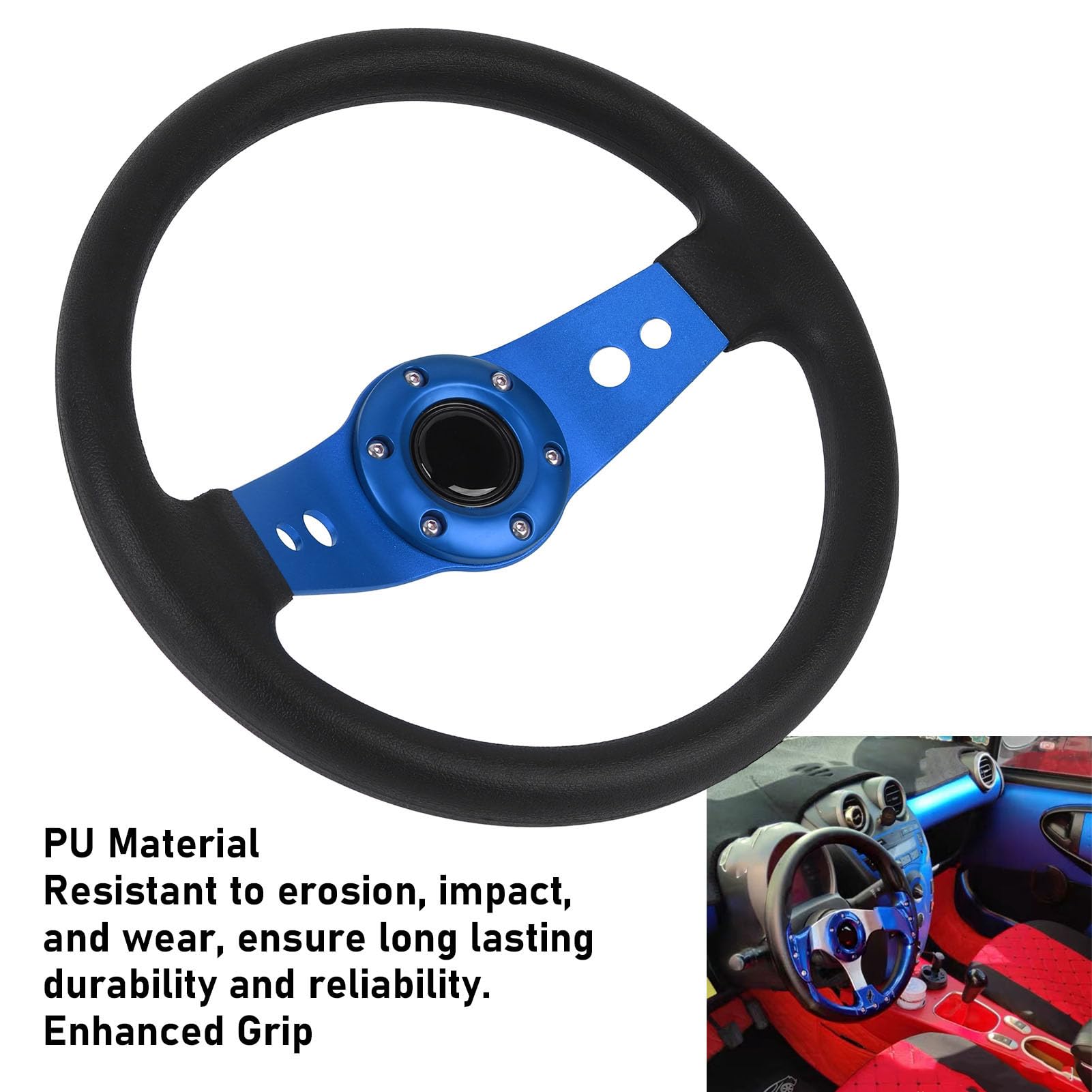13-Zoll-Auto-Lenkrad Rennsport-Lenkrad PU Stilvoller Look Schlagfester Verbesserter Griff Einfache Installation Rennlenkrad für Fahrzeuge (BLUE)