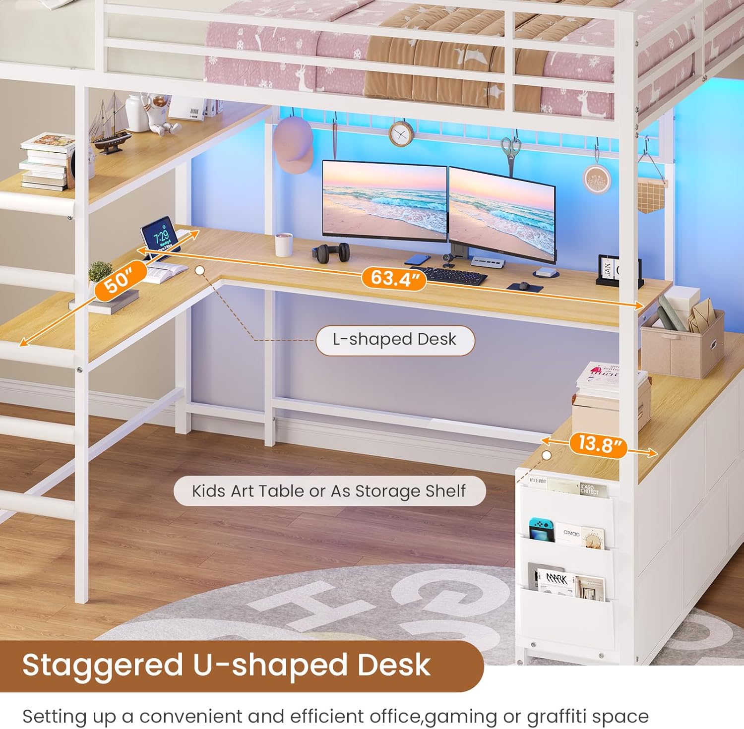 DICTAC Loft Bed Full Size with U-Shaped Desk,7 Storage Drawers and Charging Station,Metal Full Loft Bed with Led Lights and 2-tier Storage Shelves,loft full bed with Safety Guardrail and Ladders,White