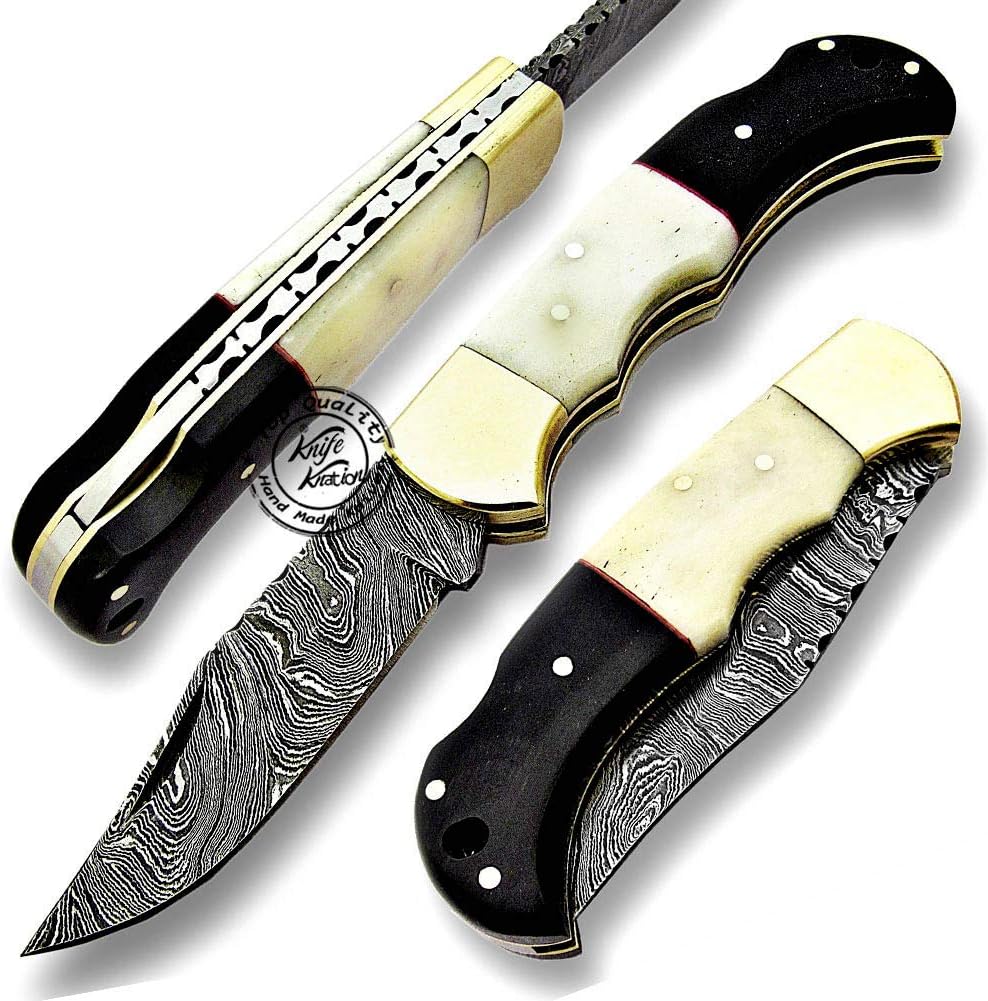 Buffalo Horn & Camel Bone 6.5'' Handmade Damascus Steel Folding Pocket Knife, Hunting Knife, Outdoor Survival Hunting Accessories, Gifts for Men, Boyfriend, Dad, Father’s Day Gift, 100% Prime Quality