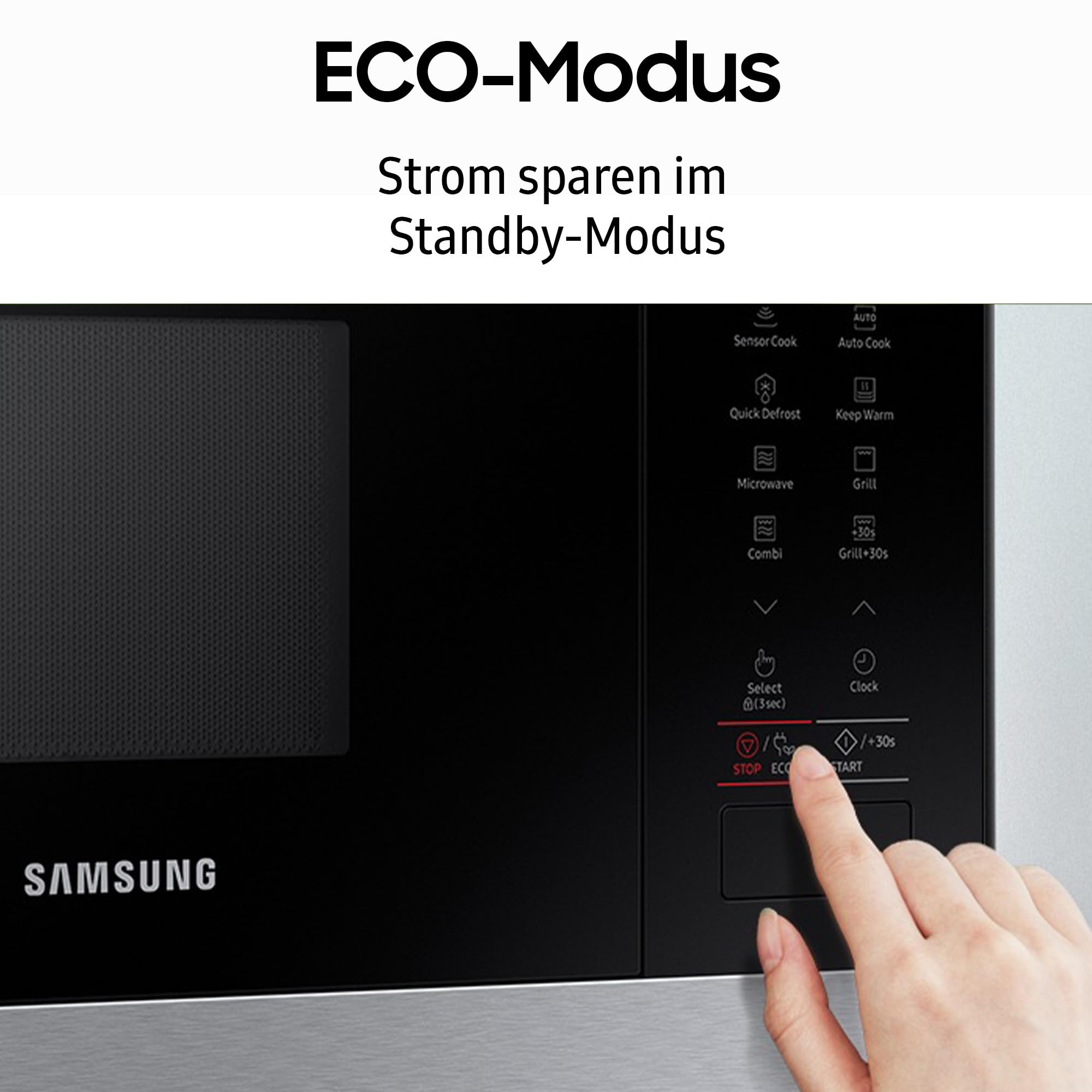 Samsung MG22M8274AT/E1 Einbau-Mikrowelle mit Grill, 850 W, 22 l Garraum, Kleines Mikrowellengerät für 38 cm Nischen, Warmhaltefunktion, Smart Sensor, Kratzfester Emaille-Innenraum, Edelstahl