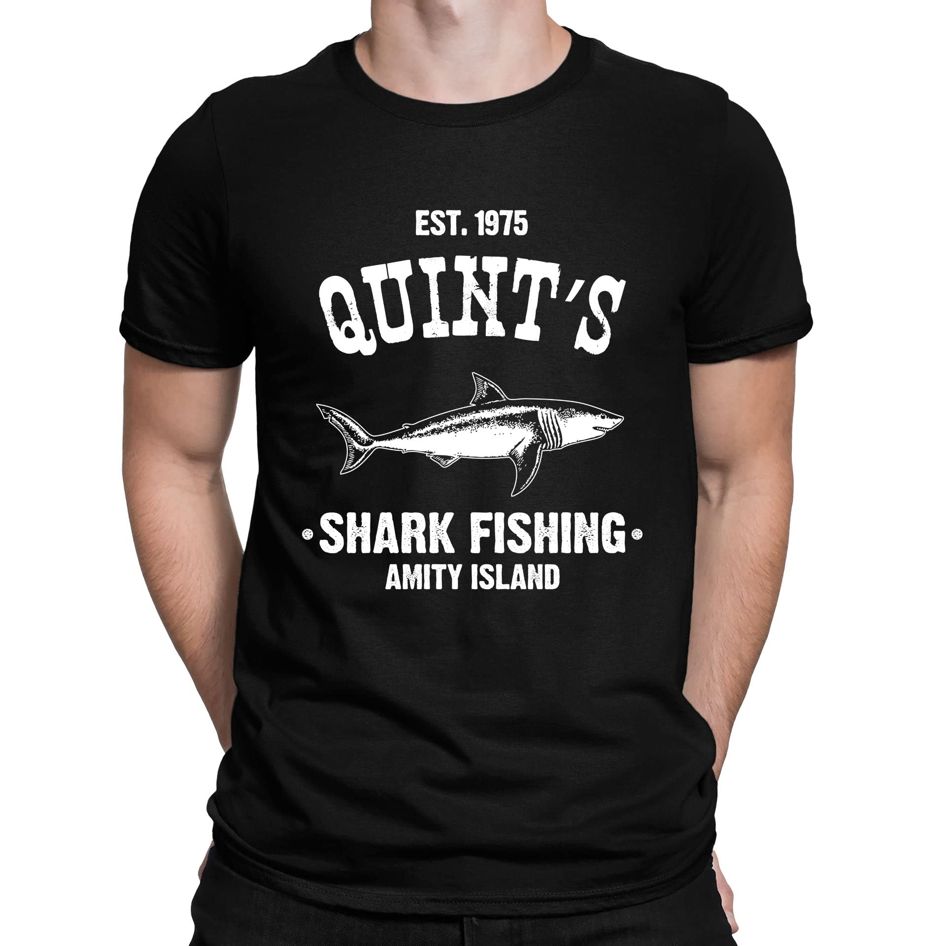 Mens Quints Fishing Shark Jaws Inspired Amity Cult Movie T-Shirt Black (XXL)