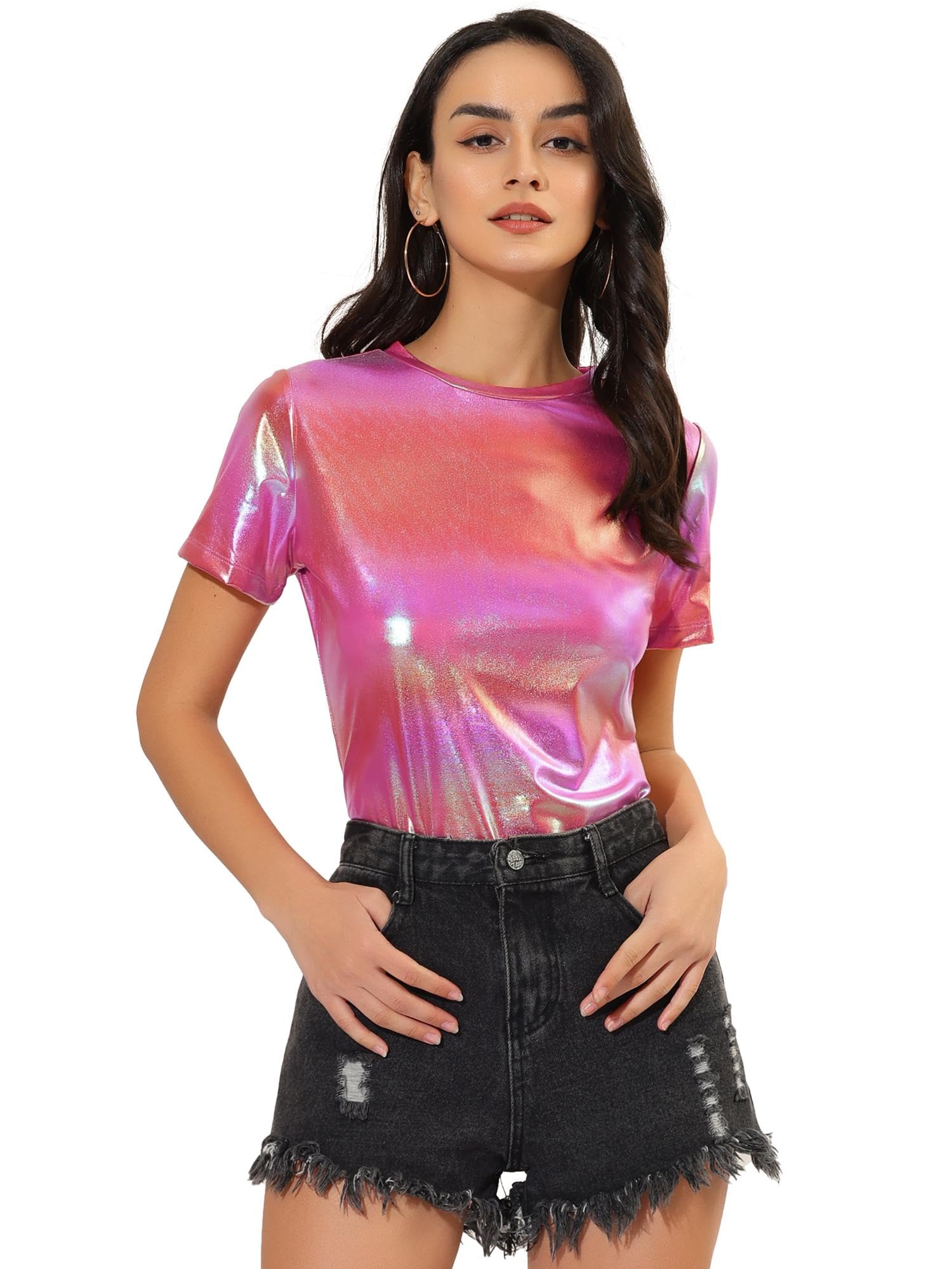 Allegra KWomen's 80s Disco Outfit Party Club Sparkly Rainbow Metallic Top
