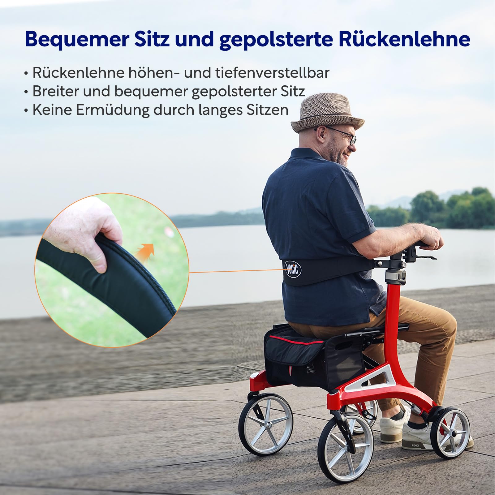 VOCIC Z71 Rollator faltbar leicht mit Sitz, Wasserdicht Aluminium Walker | Leicht klappbar für Senioren, Rollatoren leichtgewicht und faltbar spezial, Pannensichere All-Terrain-PU-Reifen, Rot