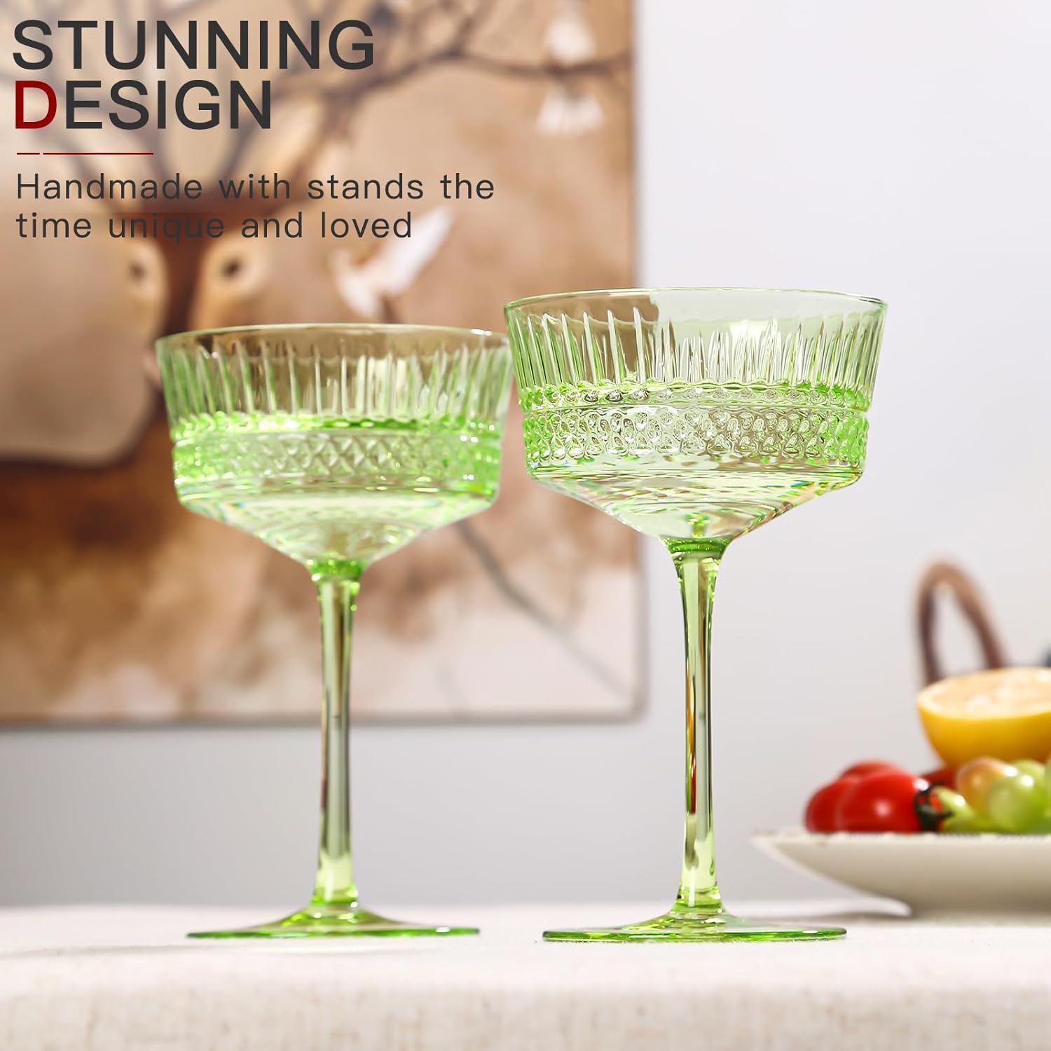 Green Crystal Coupe Glass | Set of 6 | Large 9.3oz Stemmed Glassware Muted Vintage Glasses for Champagne, Cocktail, Margarita, Wine Glass, Birthday Gift Idea, Pastel Unique Speakeasy Style Goblet