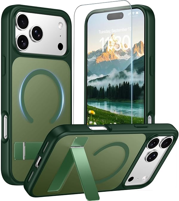 Renmou Designed for iPhone 17 Pro Case,Matte Skin-Friendly Magnetic Case with Kickstand,Shockproof Slim Cover Compatible with MagSafe Charger,Anti-Scratch Protective Phone Case 6.3''-Green by Renmou - Used condition - US$11.65