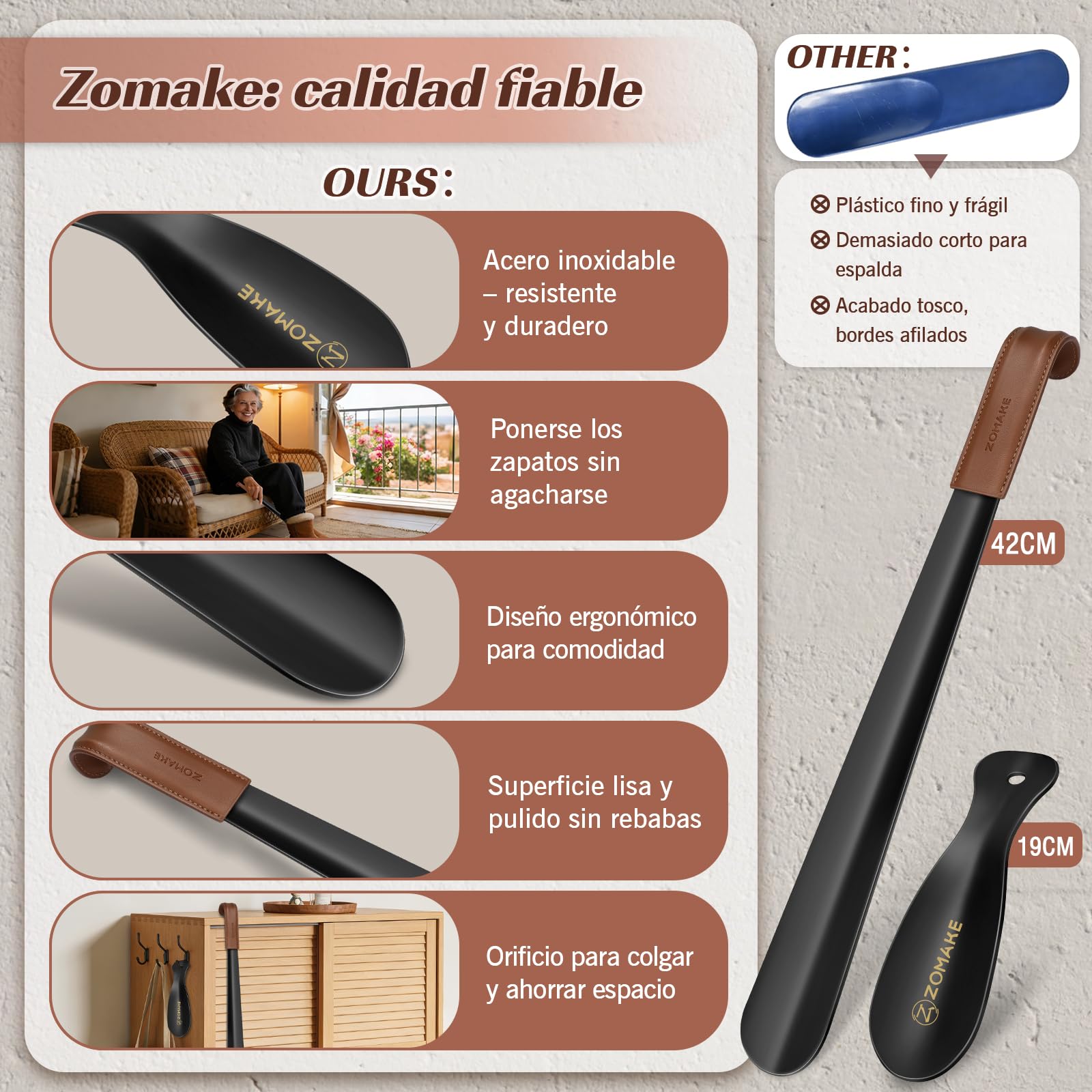 ZOMAKE Calzador de Zapatos 2 Piezas,42cm Largo Metalico Calzadores Negro para Personas Mayores con Correa Cuero,19cm Acero Inoxidable Shoe Horn Fácil de Utilizar(2 Piezas Negras A)