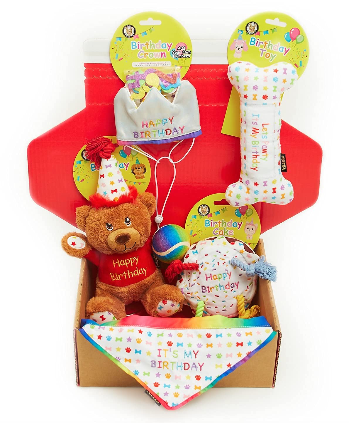 Coffret cadeau d'anniversaire pour chien 6 pièces avec jouets, chapeau et bandana Taille S