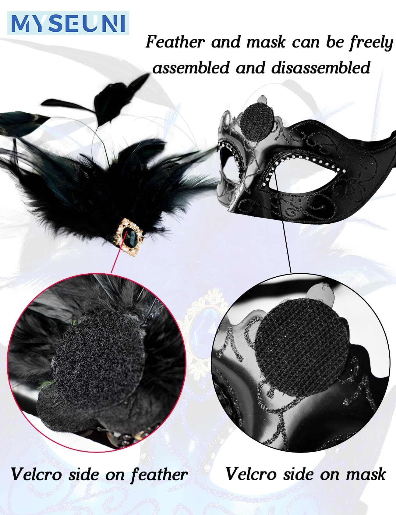 MYSEUNI 2025 Black Masquerade Masks for Women with Feathers- Womens Venetian Mask for Masquerade Ball Halloween - Image 3