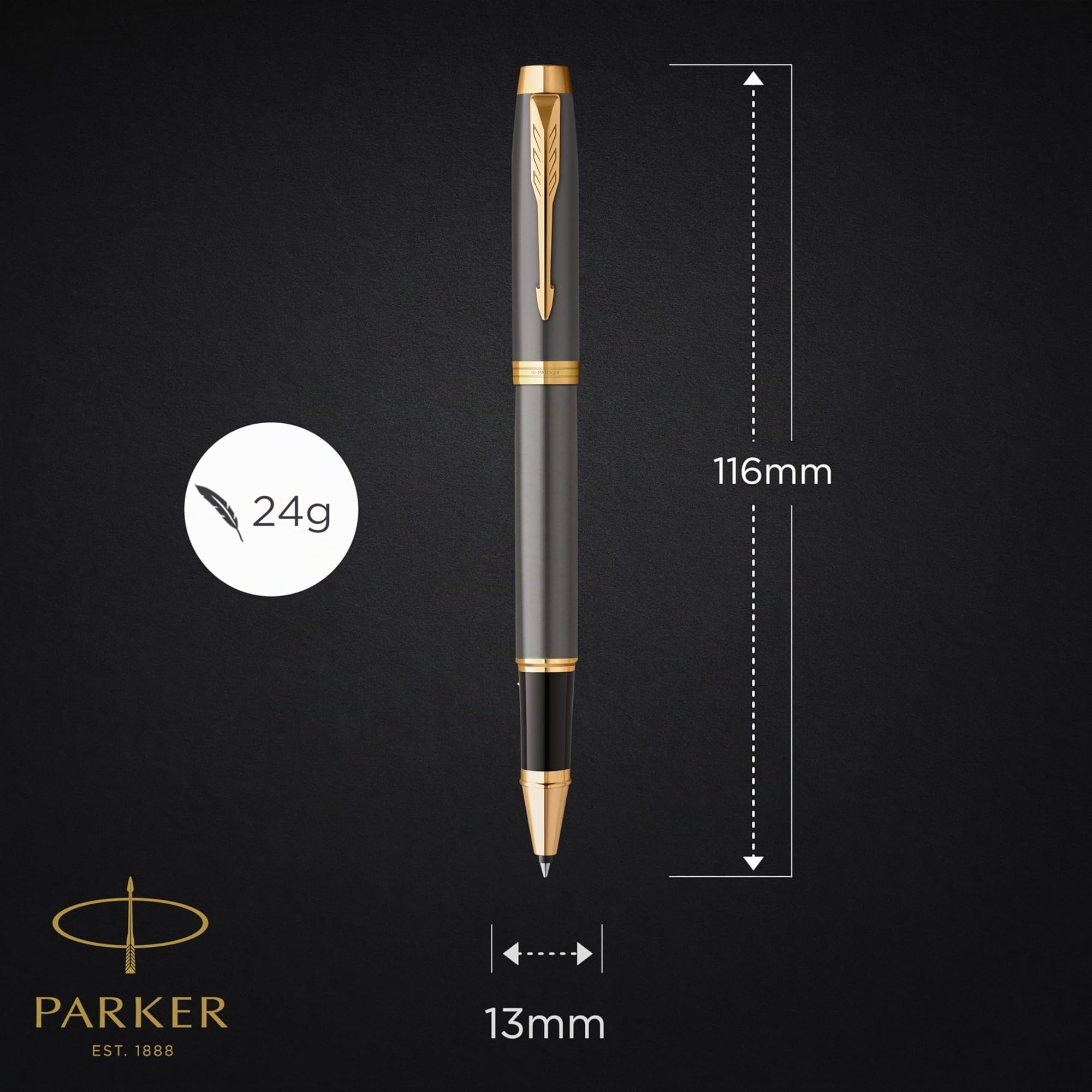 Parker IM Bolígrafo roller | lacado gris con adornos dorados | punta fina de acero inoxidable | estuche de regalo