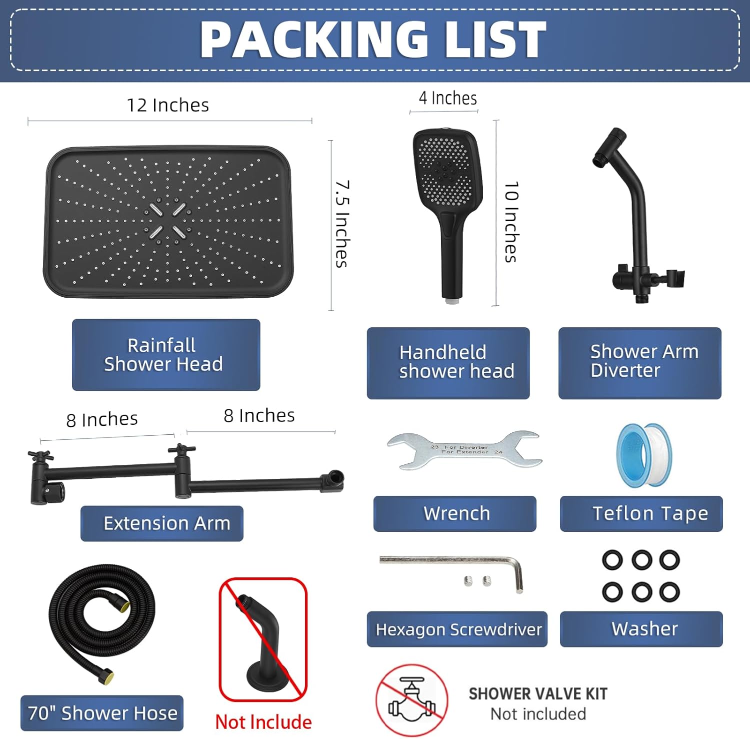 14" High Pressure Rain/Rainfall Shower Heads With Handheld Spray Combo (3+1 Settings & Built-in Power Wash Mode), Double/Dual Shower Head With Handheld - Height/Angle Adjustable(Matte Black)