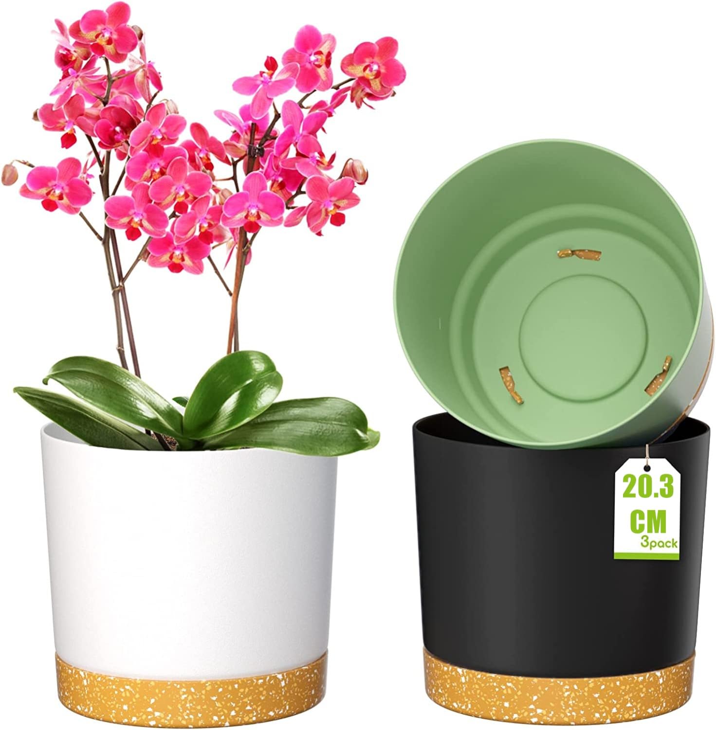 LATERN 3 Piezas Macetas con Autorriego, 20,3CM Ronda Maceta de Plástico Contenedor de Plantas de Jardín para Suculentas Hierbas Orquídeas Menta Bonsái - con Drenaje Orificios y Platillos (3 Colores)