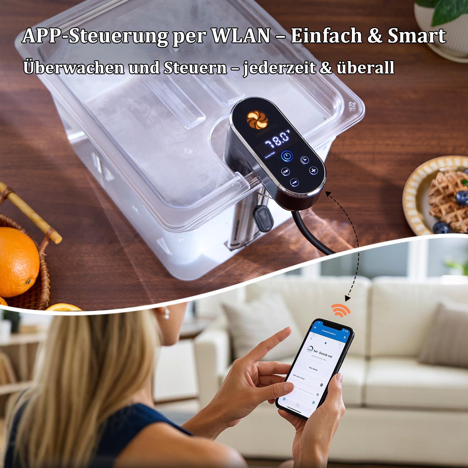 Sous Vide Stick 1300W WLAN App Steuerung Upgrade Version IPX7 Wasserdicht Souvid Stab mit 37 Rezepten Digitaler Praezisionskocher Slow Cooker Fleisch Gemuese Eier Elektrischer Kochtopf