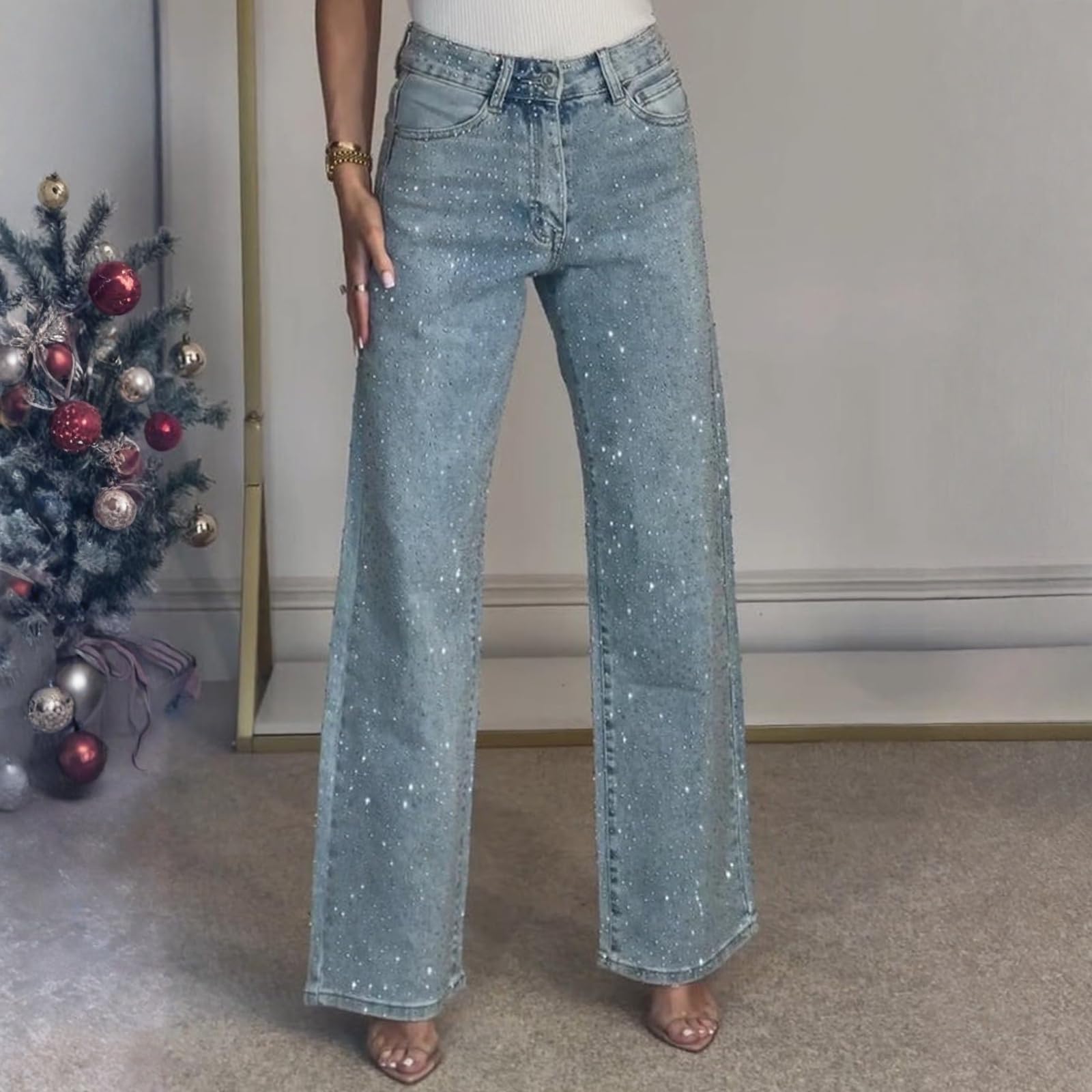 Jeans Damen High Waist Straight Glitzer Hose Damen Elegant Strass Weites Bein Jeanshose Baggy Y2K Palazzo Hosen Damen Lang Party Damenhosen Denim Mit Knöpfen Stylische Marlenehose Bequeme